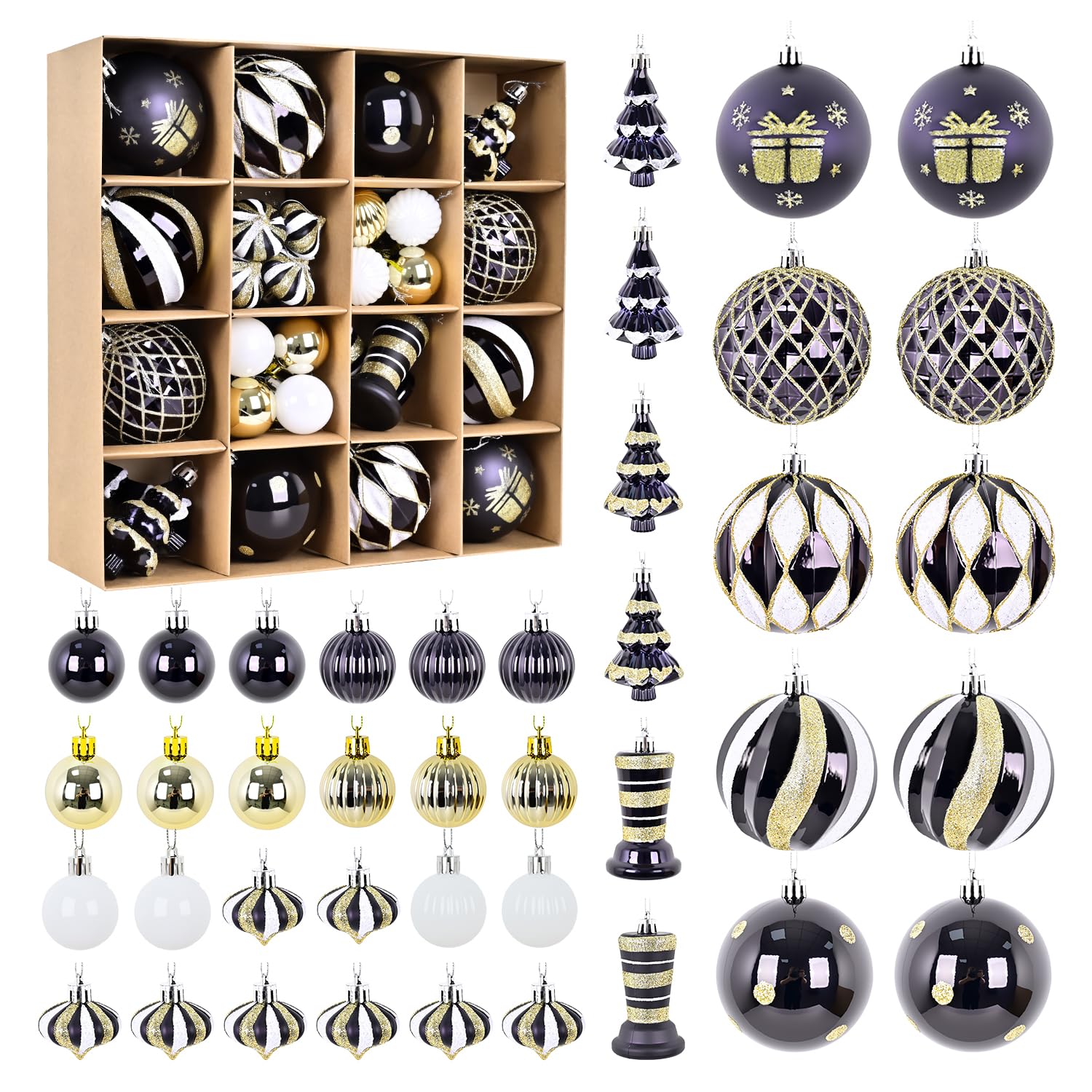 SVNVIOZ Juego de 40 bolas de Navidad de 8 cm, bolas de Navidad inastillables, color negro, dorado y blanco