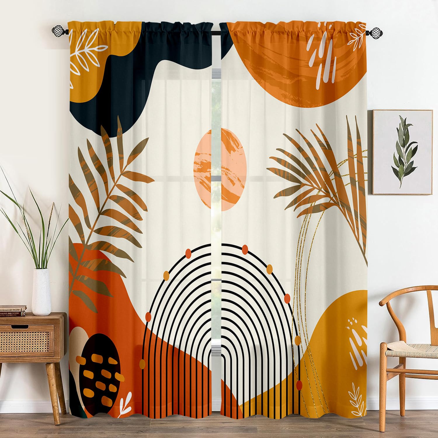 View 1 of GOLDLAWN Boho Mid Century Abstract Leaves Curtains 52X84Inch Rainbow Living Room Curtain 2Pc Burnt Orange Curtains for Bedroom Modern Geometric Drapes Yellow Plant Colorful Curtain