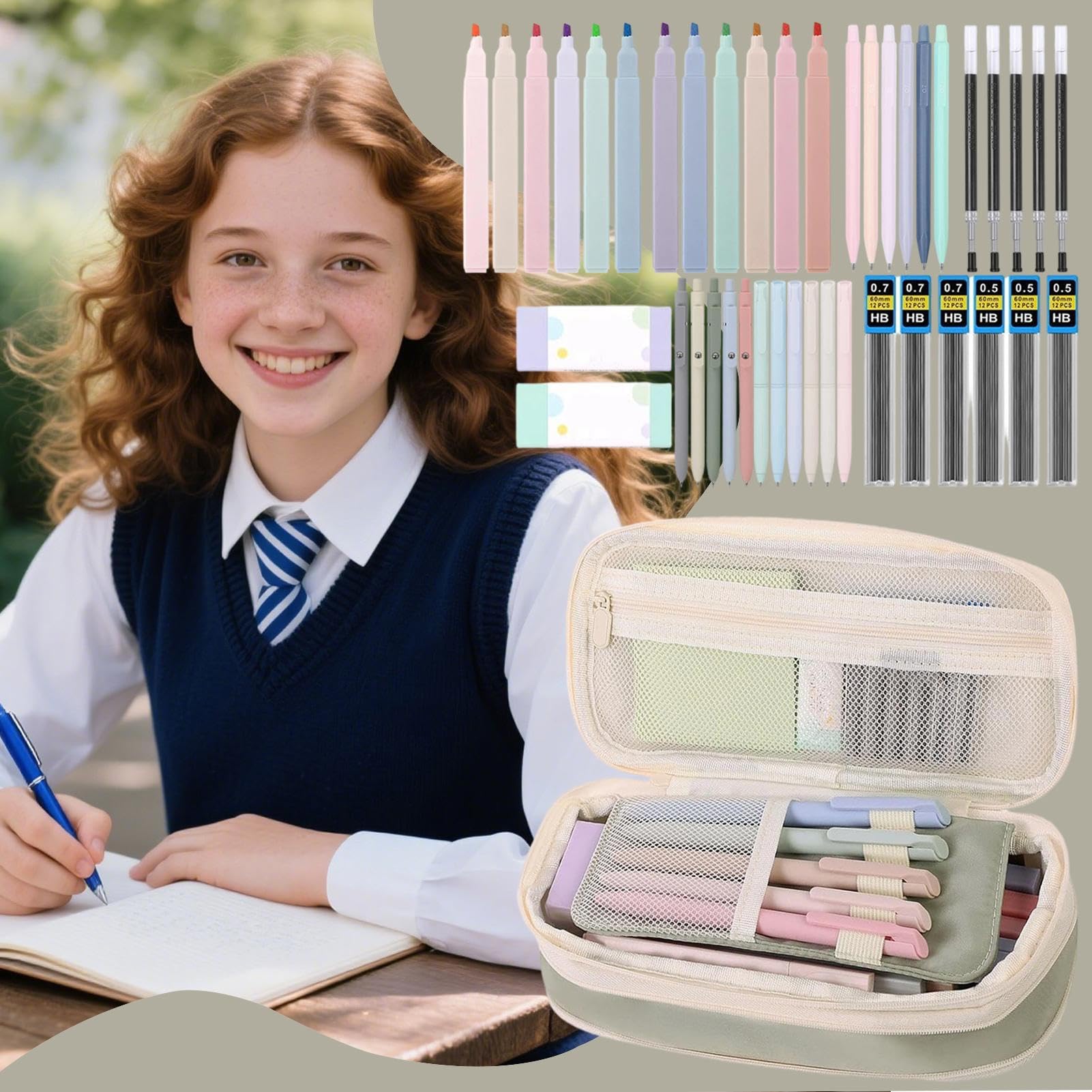 Ensemble de fournitures scolaires esthétiques : surligneurs, stylos gel, gommes et bloc-notes avec grande trousse – Idéal pour l'école, les études, le travail et les cadeaux