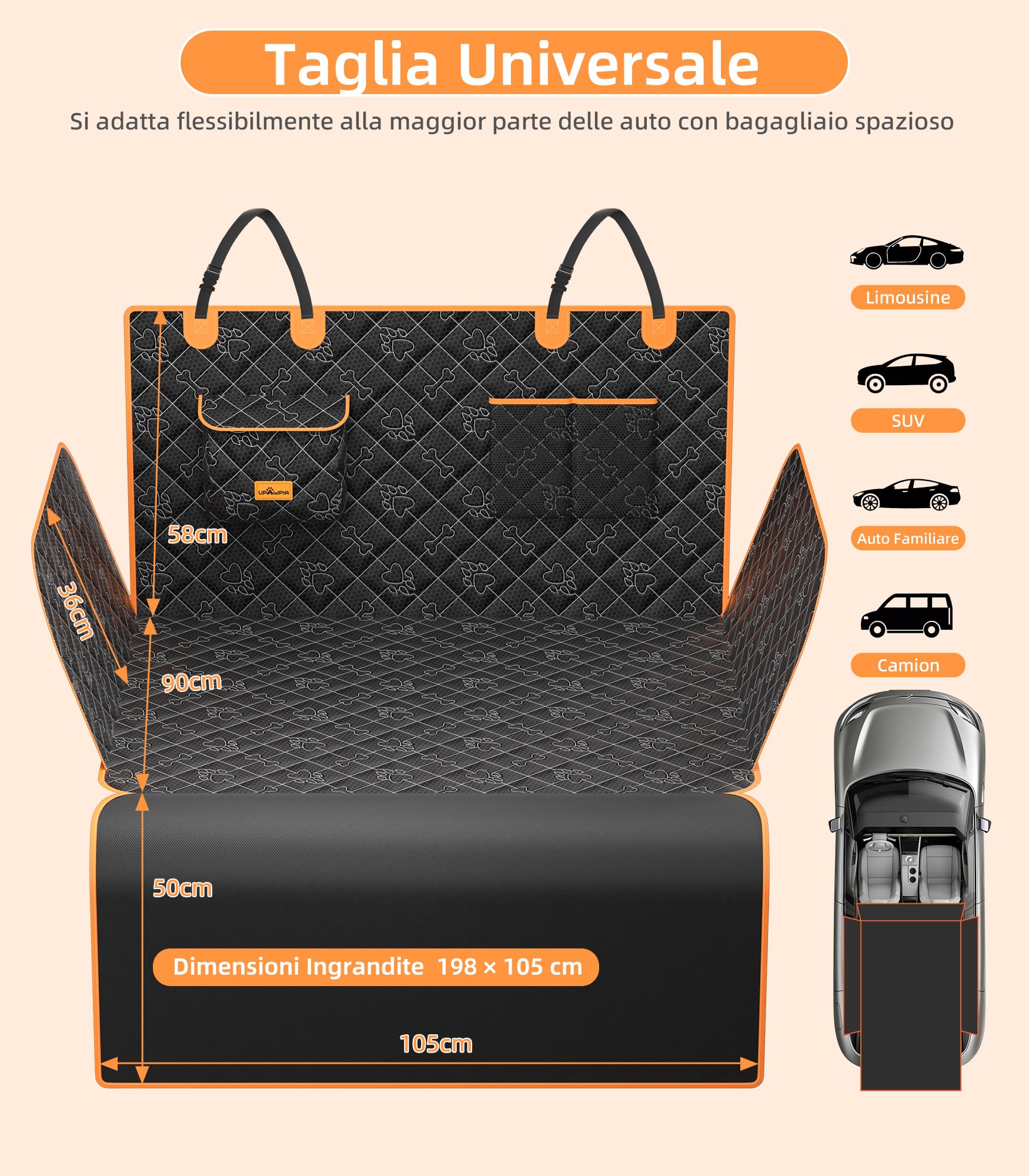 UPAWPIA Telo Bagagliaio Auto per Cani Impermeabile Protezione Bagagliaio Auto con Protezione Laterale e Paraurti Universale Copri Bagagliaio per Cani Resistente ai Graffi per SUV 198 * 105 * 36cm