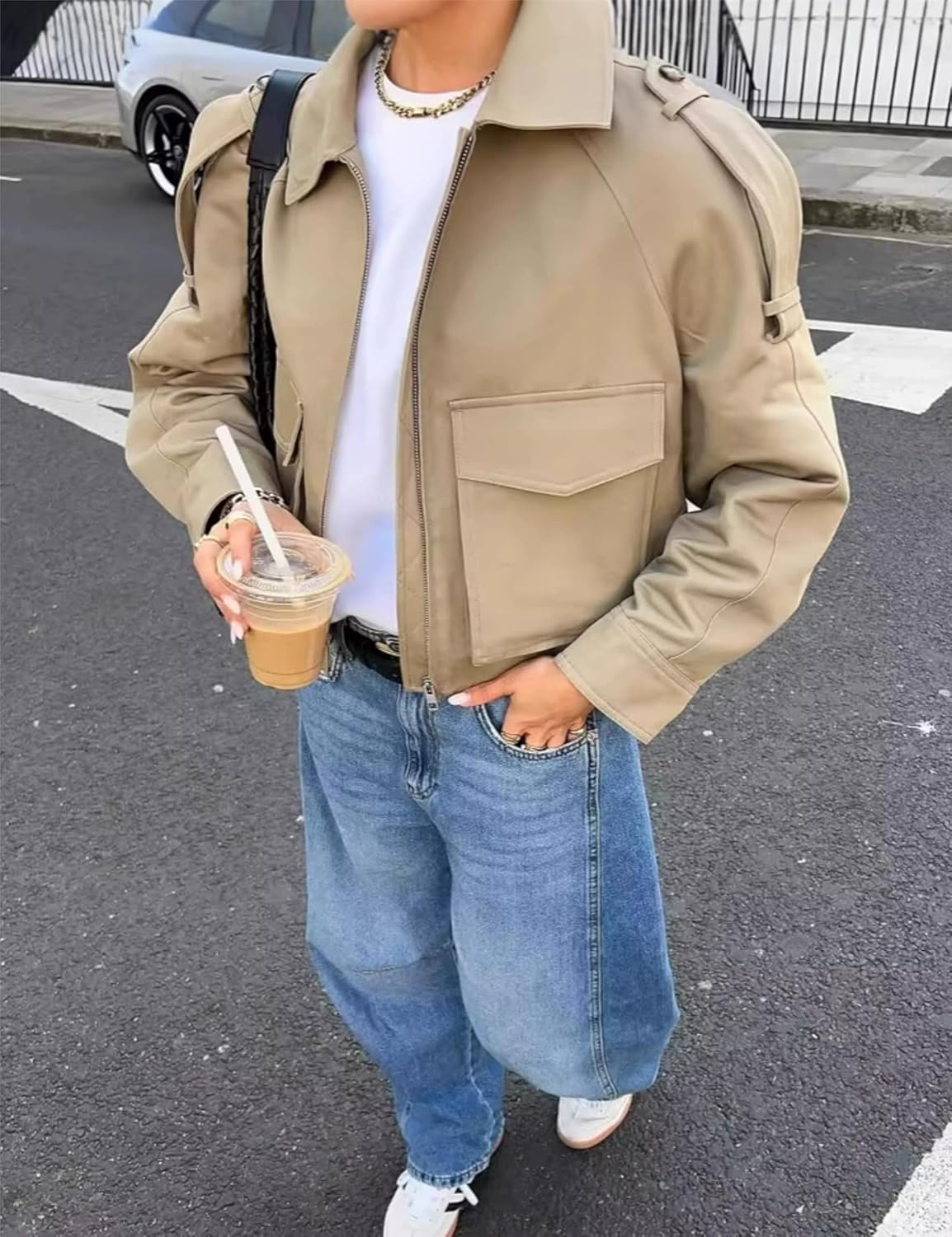 Wanzetaly Women's Cropped Trench Coat Casual Zip Up Jacket Work Jackets with Pockets Outerwear - Image 3