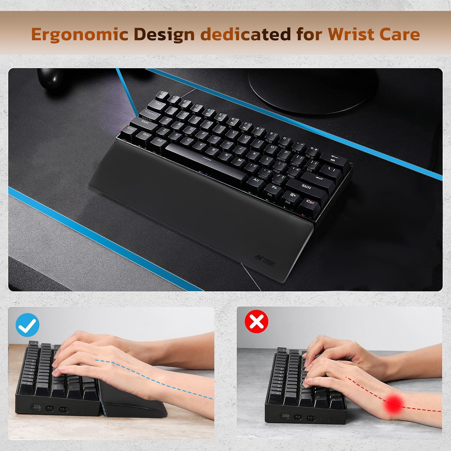Ant Esports Mini Keyboard Wrist Rest Pad -14.3"- Memory Foam Palm Rest with Non-Slip Footpad - Ergonomic Design Wrist Support - Desk Keyboard Accessory Gaming Gear-Mini Size Black — Amazon image 6