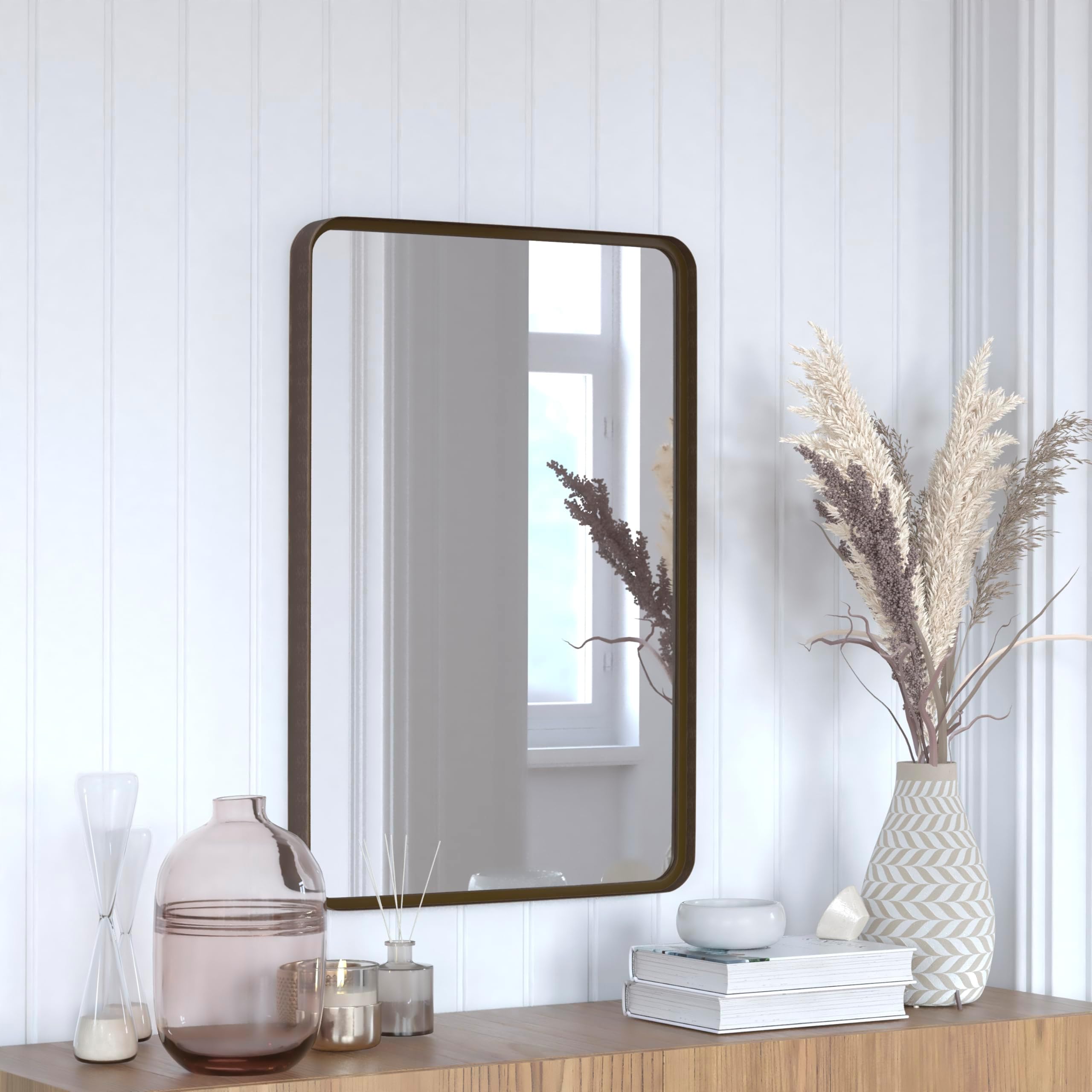 Janinne Rectangle Wall Mirror - Brushed Bronze Accent Mirror - 20" x 30" Vanity Mirror - for Bathroom, Vanity, Entryway, Dining Room, & Living Room