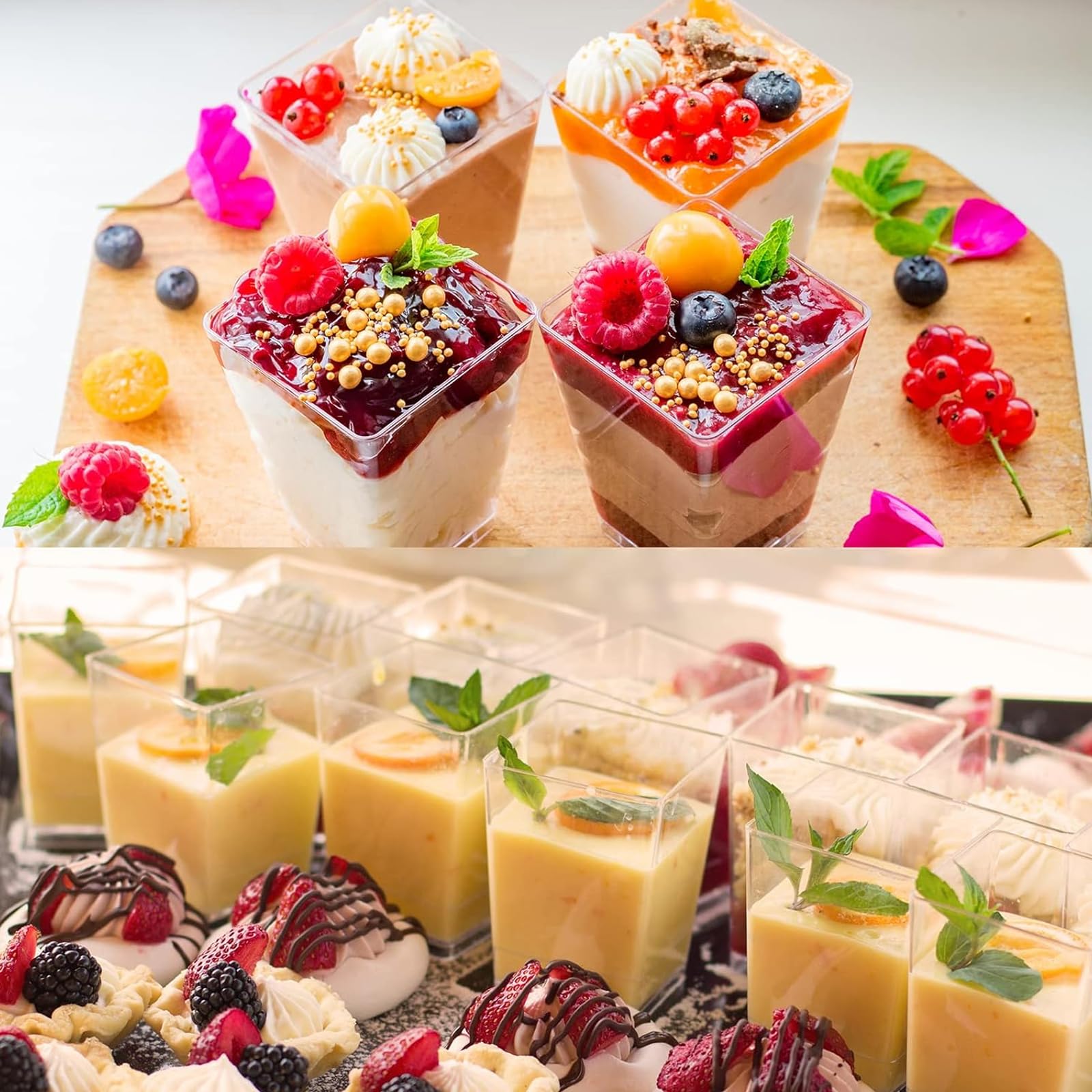 Bicchieri da dessert, 50 mini bicchieri da dessert con 50 cucchiai, ciotole da dessert da 60 ml, in plastica trapezoidale, ciotole trasparenti per dessert, budino, mousse feste