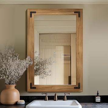 Wood Framed Bathroom Vanity Mirror for Wall, 24"x36" Farmhouse Mirror