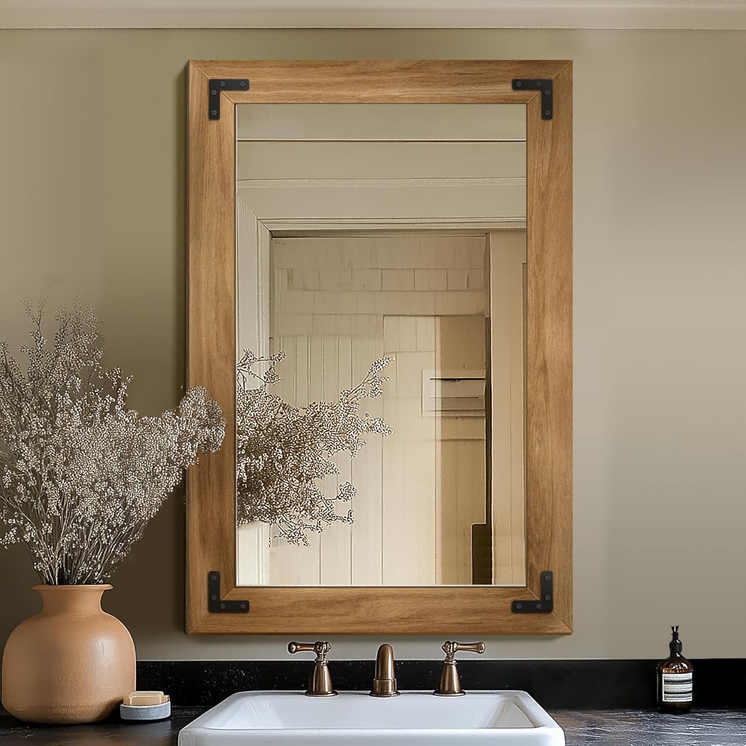 Bathroom Mirror for Wall with Wooden Frame 36x24 Solid Wood Vanity Mirror for Farmhouse Bathroom Bedroom Decor Vertical