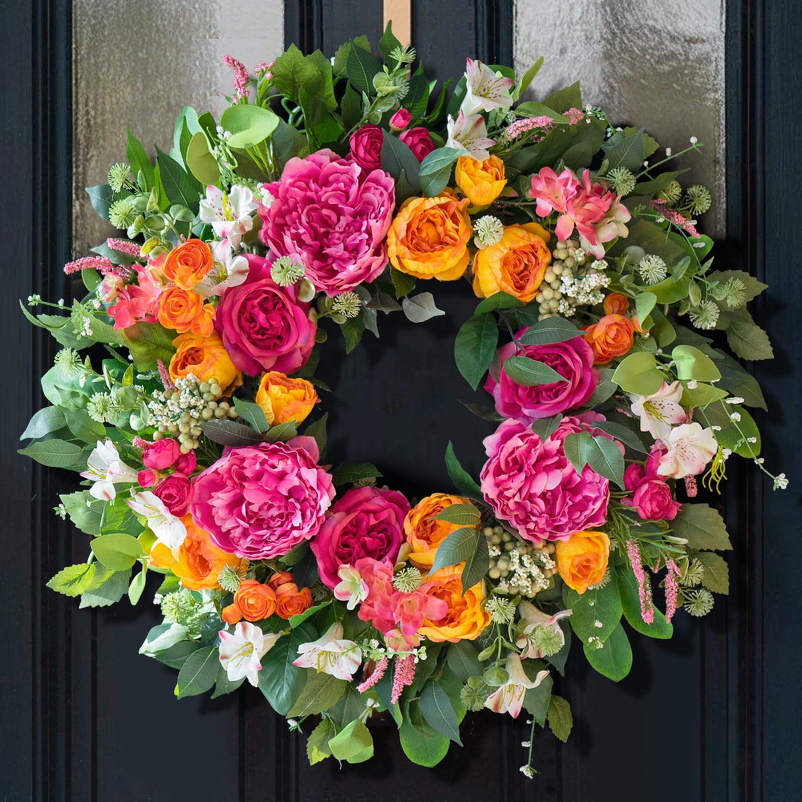 Photo 1 of CHvista 24 Inch Spring Wreaths for Front Door Outside,Handcrafted Garden Rose & Peony Style Summer Wreath with Pink,Orange Ivory Flowers- Lush Spring Door Wreath for Farmhouse Home Wall Porch Window