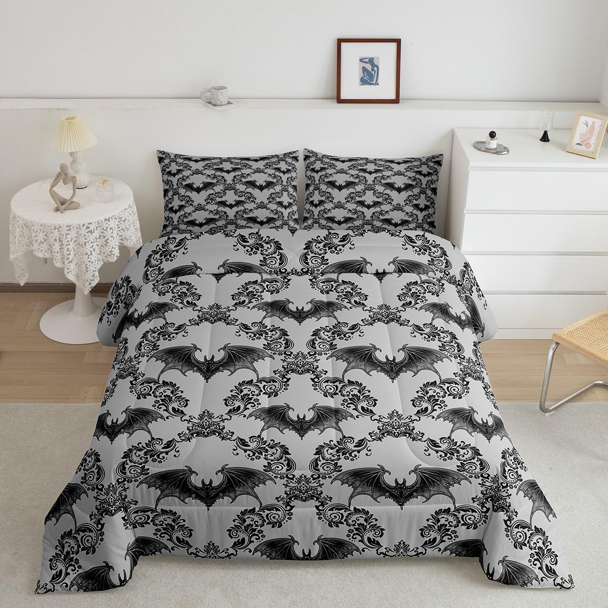 jejeloiu Adults Black Bat Comforter Set Toddler Vintage Boho Damask Floral Baroque Style Bedding Set for Boys Girls Teens Halloween Theme Duvet Quilt Room Decor