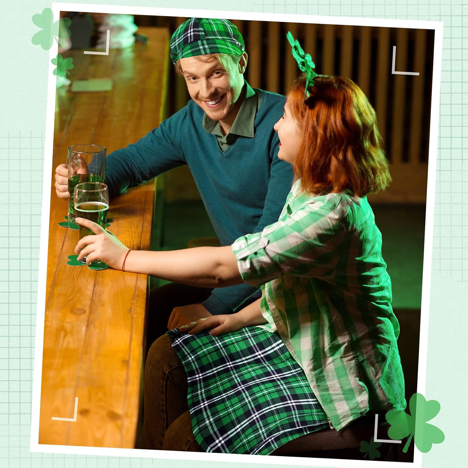 Funtery 2 Pcs St. Patrick's Day Costume Kit Irish Plaid Green Kilt for Men Scottish Tam with Pompom Tartan Skirt Kilts St Patricks Day Scottish Hat for Men Women - Image 6