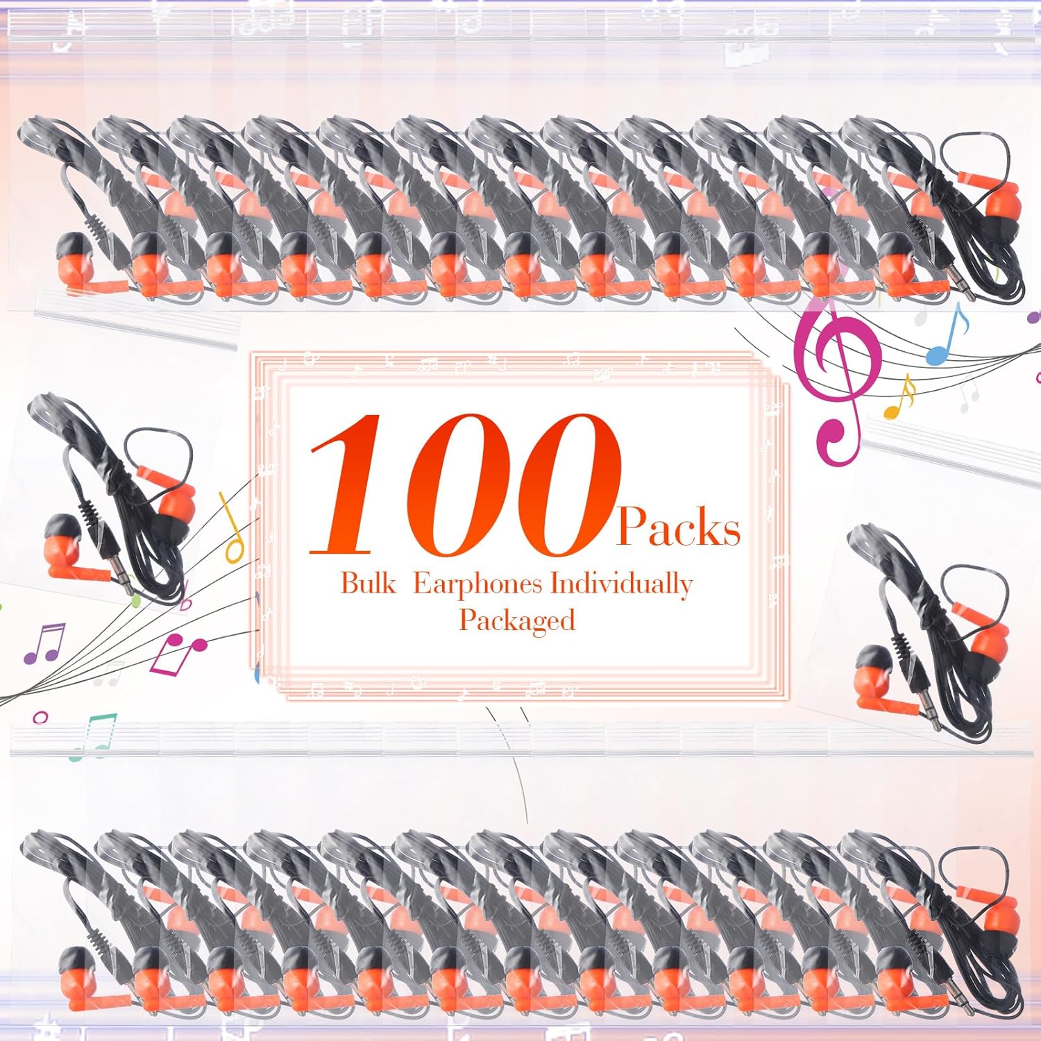 Kanayu 100 Pack Wired Earbuds Bulk for Classroom Ear Headphones Wired Basic Student Earbuds No Microphone with 3.5MM Jack for Class Laptop School Library, Individually Bagged (Orange)
