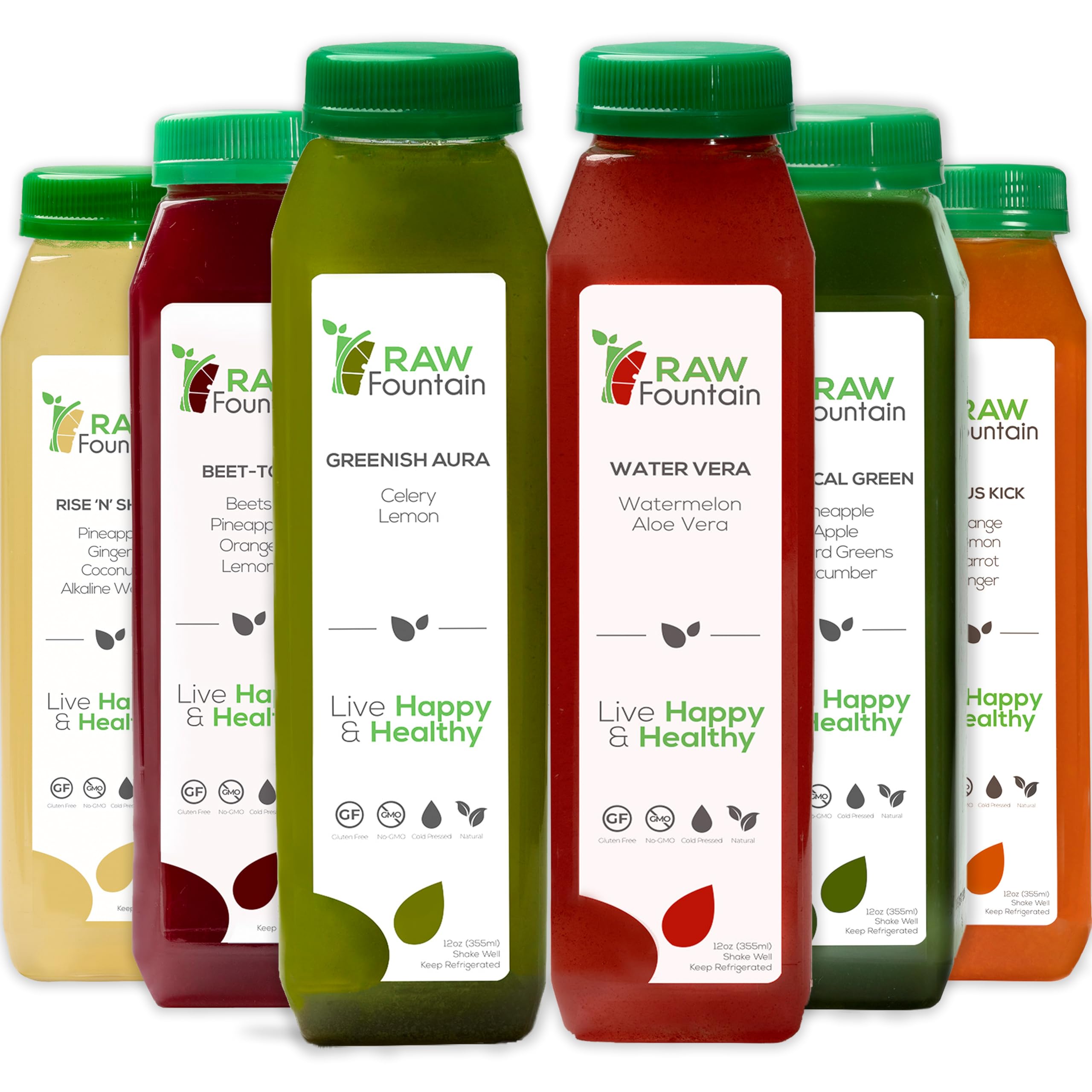 1 Day Juice Cleanse by Raw Fountain, Tropical Flavors, All Natural Raw, Cold Pressed Fruit and Vegetable Juices, Detox Cleanse, 6 Bottles 12oz