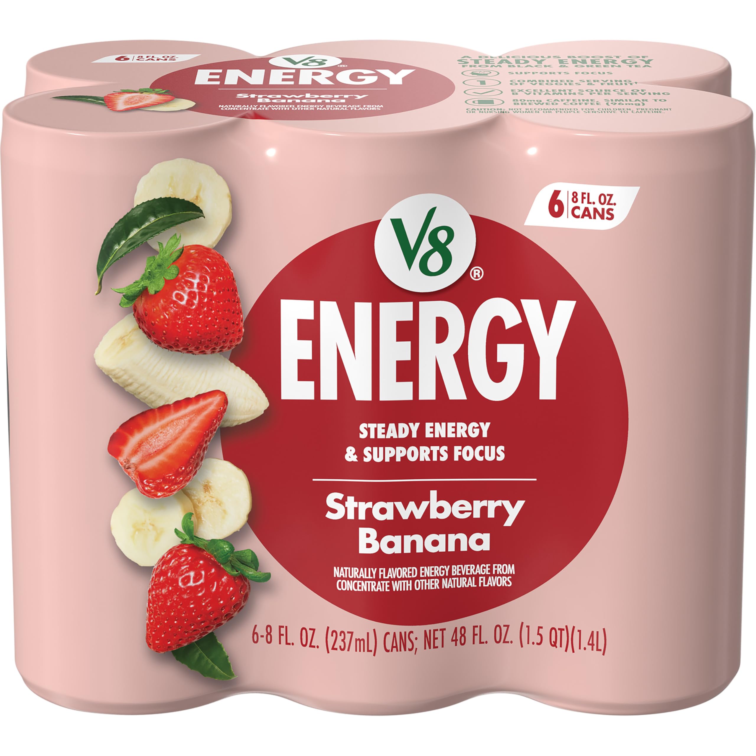 V8 +ENERGY Strawberry Banana Energy Drink, Made with Real Vegetable and Fruit Juices, 8 FL OZ Can (Pack of 6)