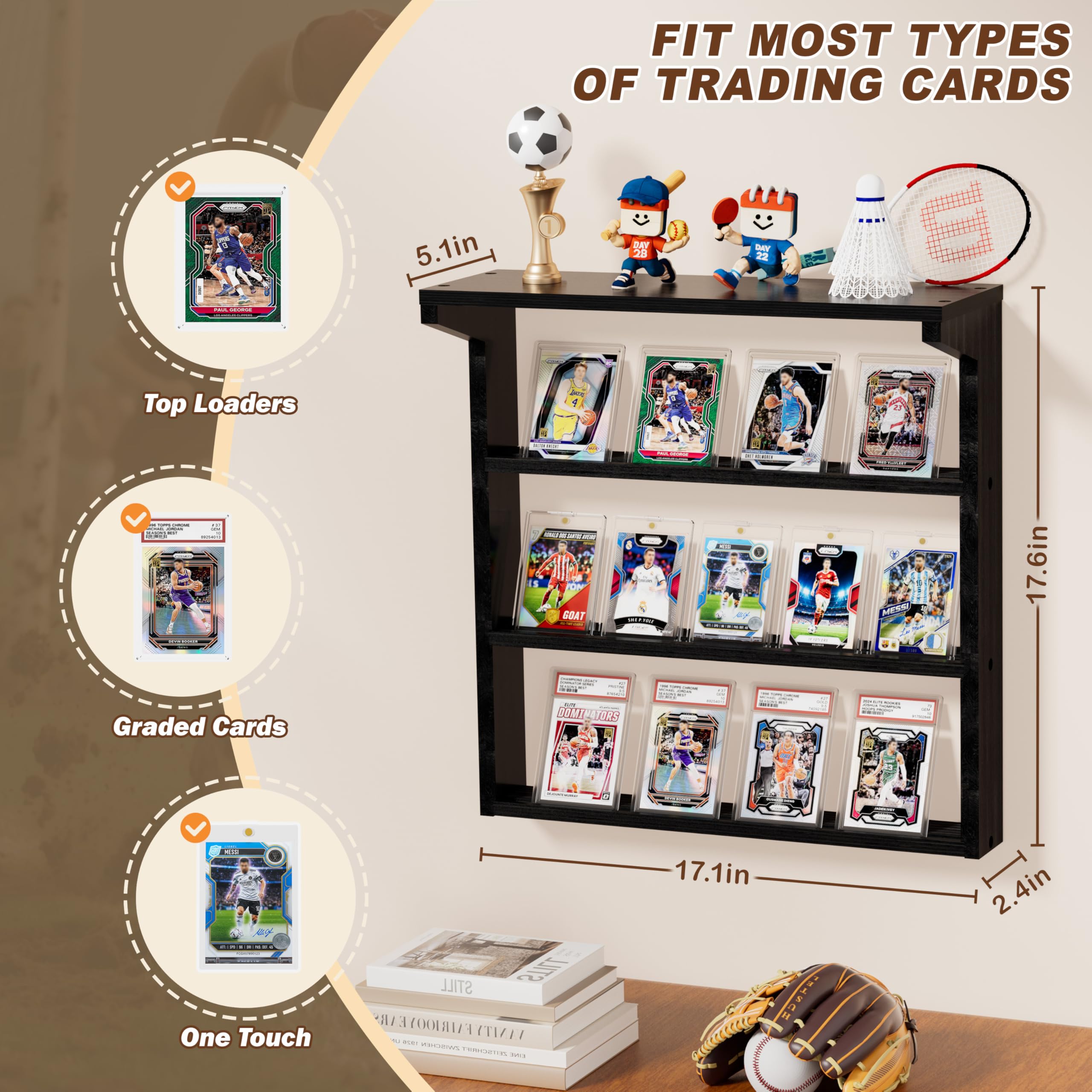 Emfogoo Trading Card Display Stand for Wall 3 Tier Wooden Graded Card Storage with Top Shelf - Image 3