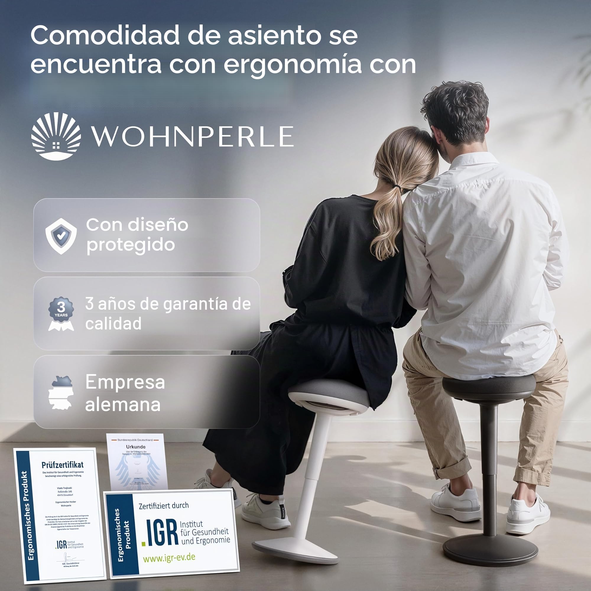 Taburete de oficina Ergonómico [Certificado] Taburete 2 en 1 y taburete de pie taburete ergonómico ajustable en altura blanco para oficina y escritorio - Taburete ondulado + silla de péndulo