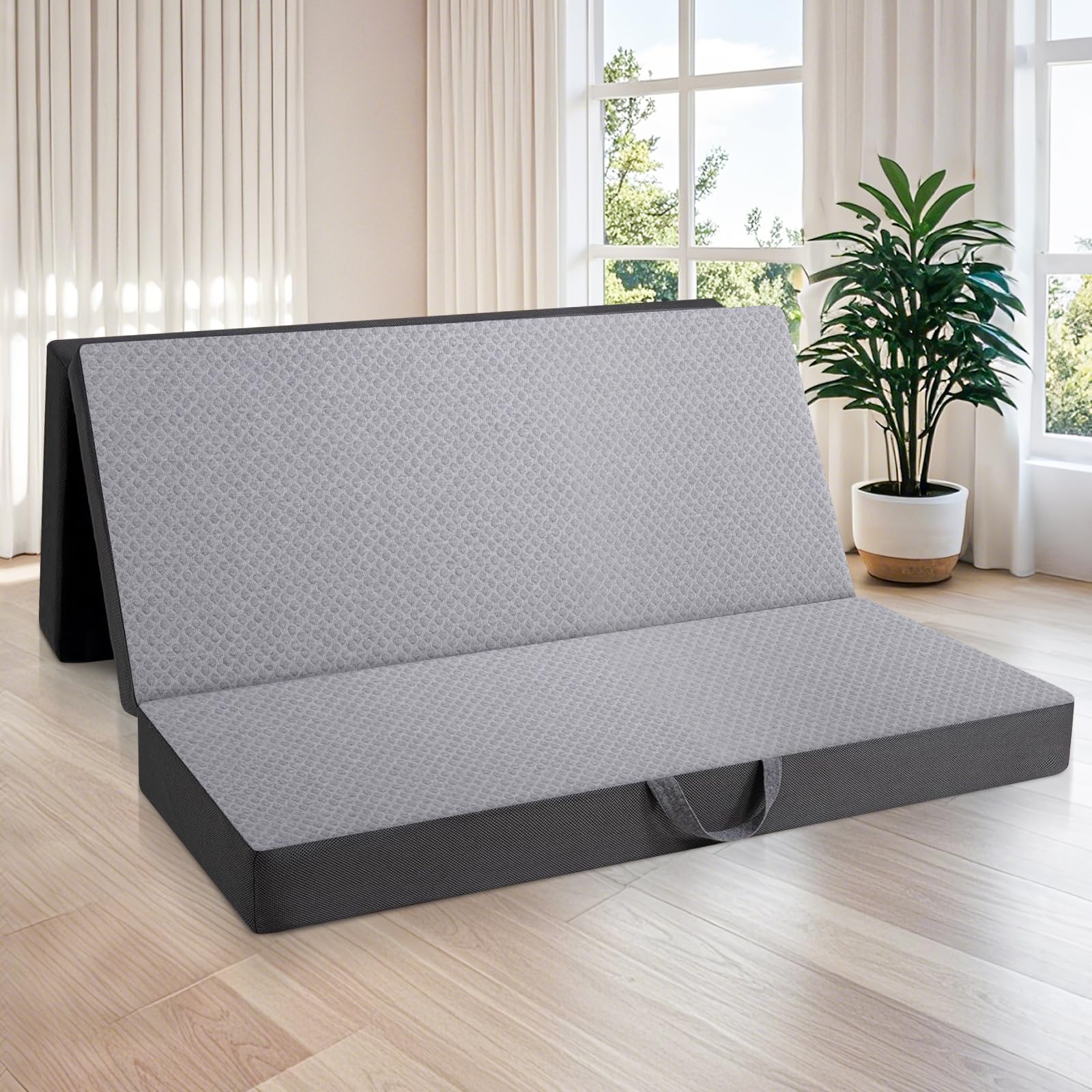 tri folding mattress - foldable mattress for travel/rv/camping/road trip/guest room/yoga, tri-fold memory foam mattress with washable cover, handle & non-slip bottom