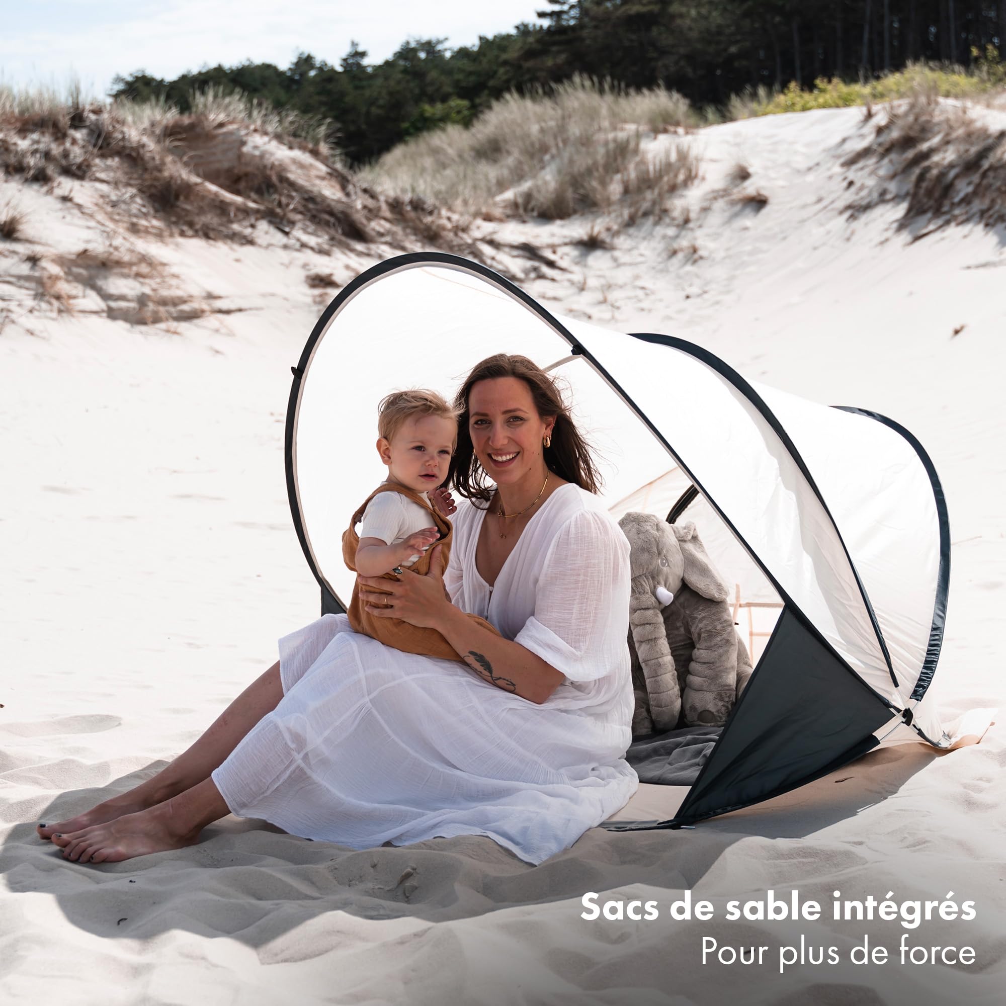DERYAN Tente de Plage - Pop Up XXL - Abris Anti UV - 2-3 Personnes -Tente Anti UV bébé - Mise en Place en 2 Secondes - avec Sac de Transport, Crème