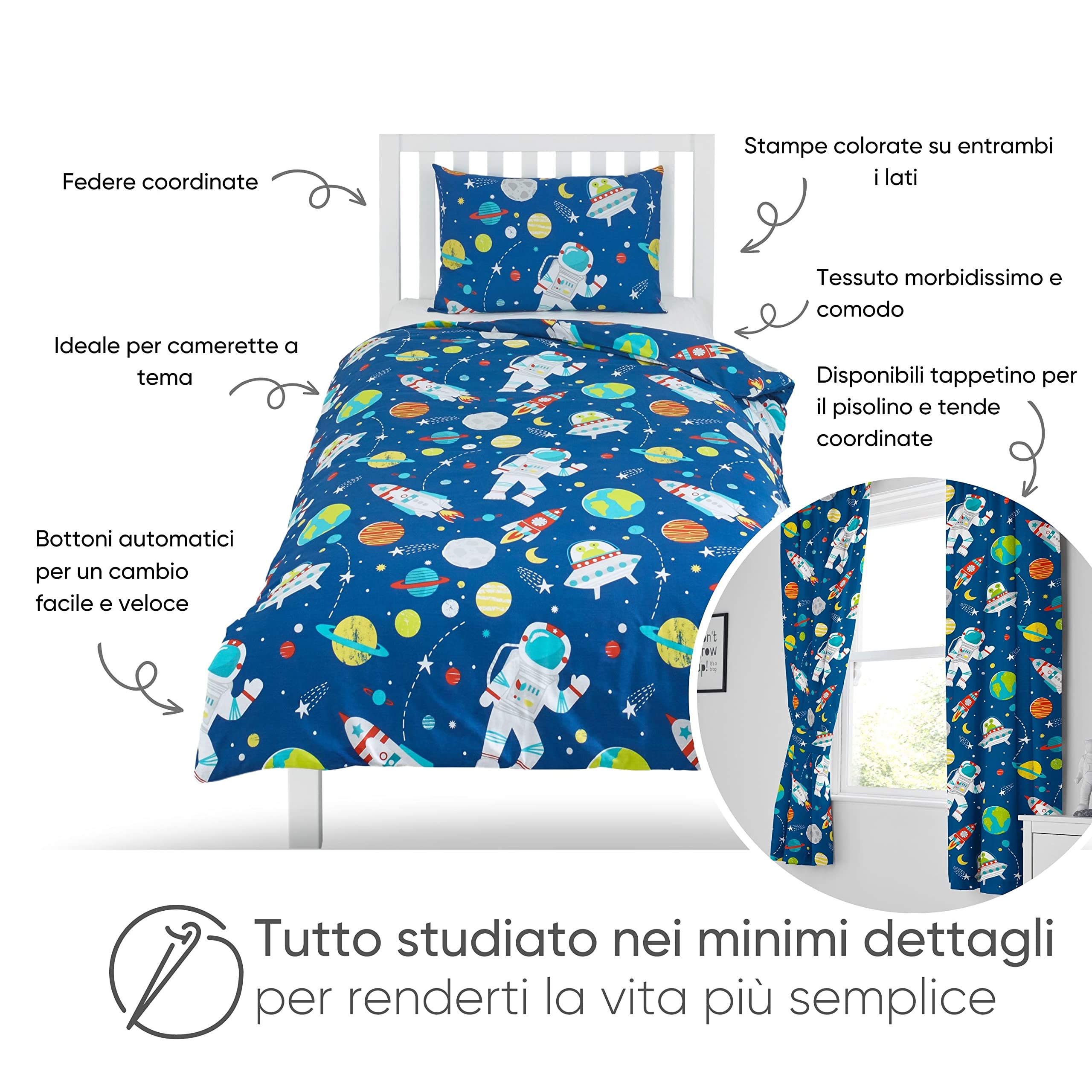 Bloomsbury Mill – Set Copripiumino Singolo – Lo Spazio Esterno, Pianeti e Razzi - Lenzuola Letto Reversibile Per Ragazzi e Ragazee - Set di biancheria da letto per bambini - 135 x 200 cm e Federe