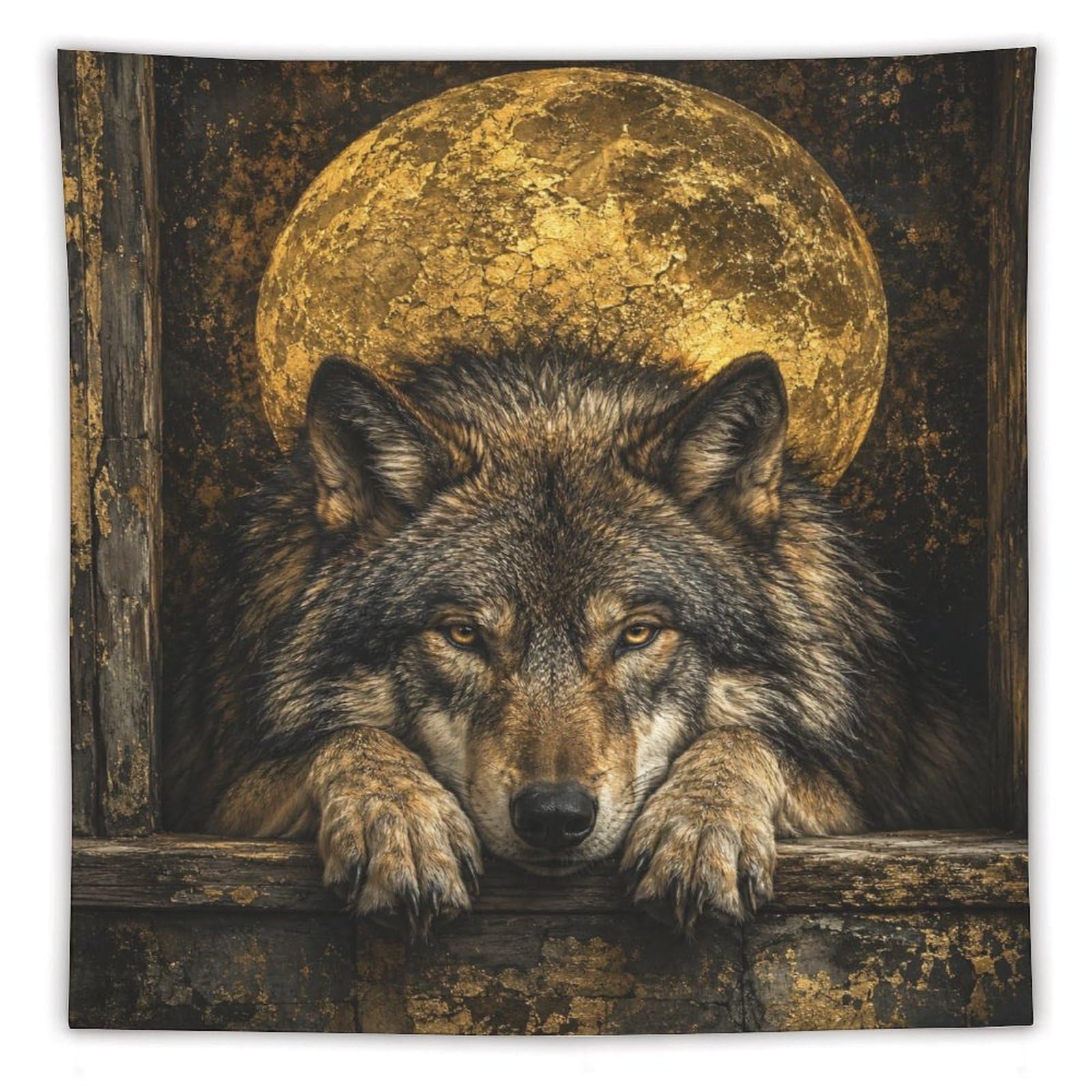 H3B8U2Y5 Wolf Portrait Golden Moon Wall Tapestry, College Dorm