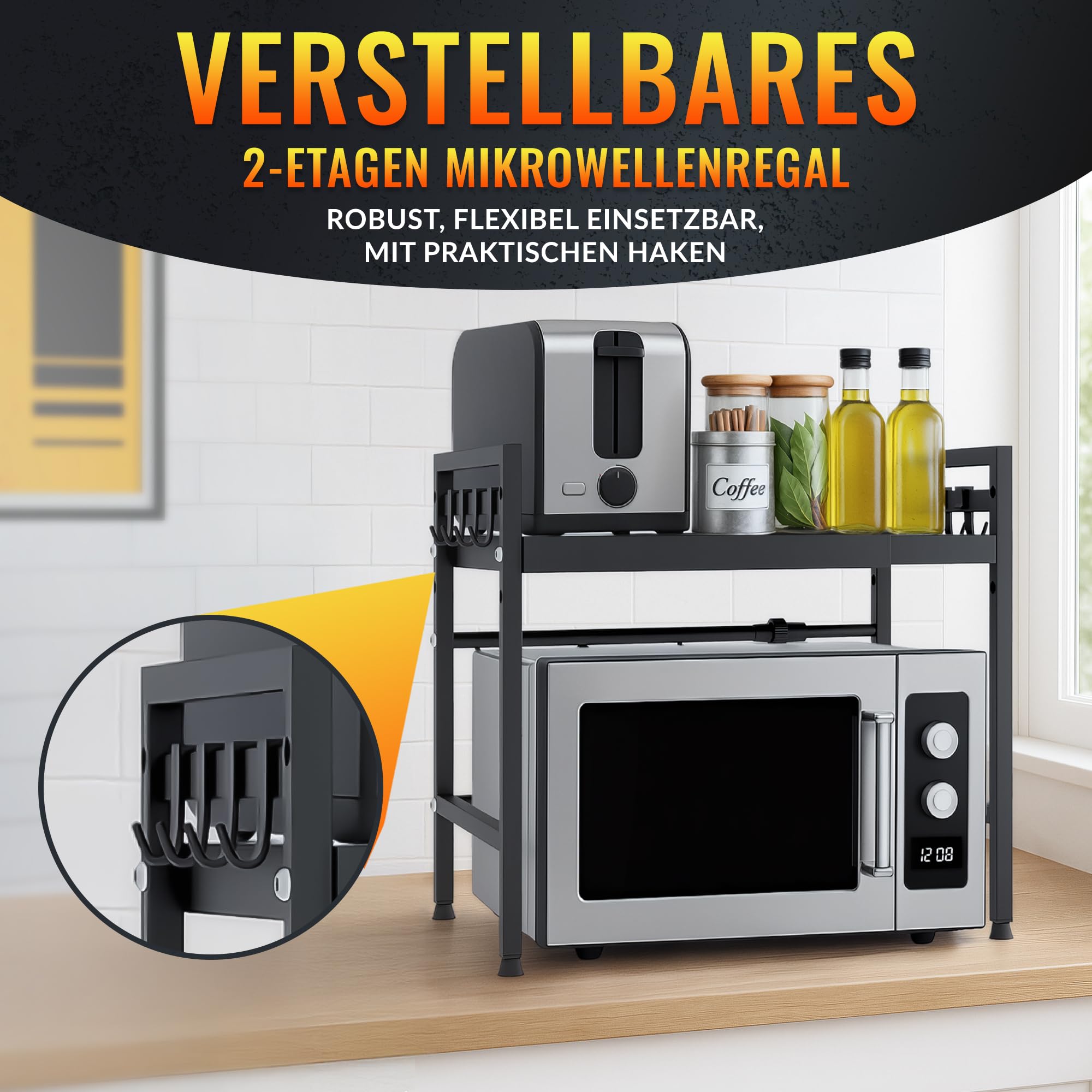 Allyson® Estantería para microondas de 2 niveles, altura ajustable, soporte para microondas, incluye 8 ganchos y patas antideslizantes, organizador de cocina para almacenamiento de cocina