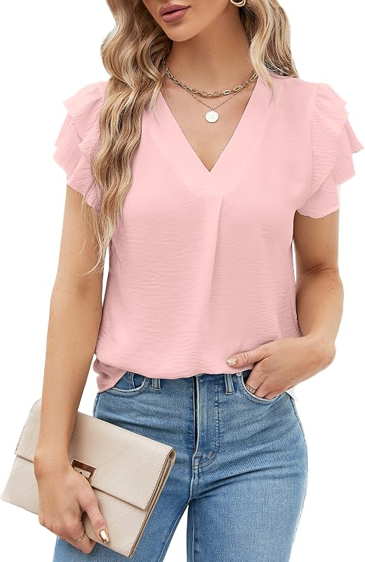 Blooming Jelly Camisas informales elegantes para mujer Blusa de trabajo Tops informales de negocios | Tela elástica ligera, mangas cortas con cuello en V para oficina de verano, profesores y uso diario