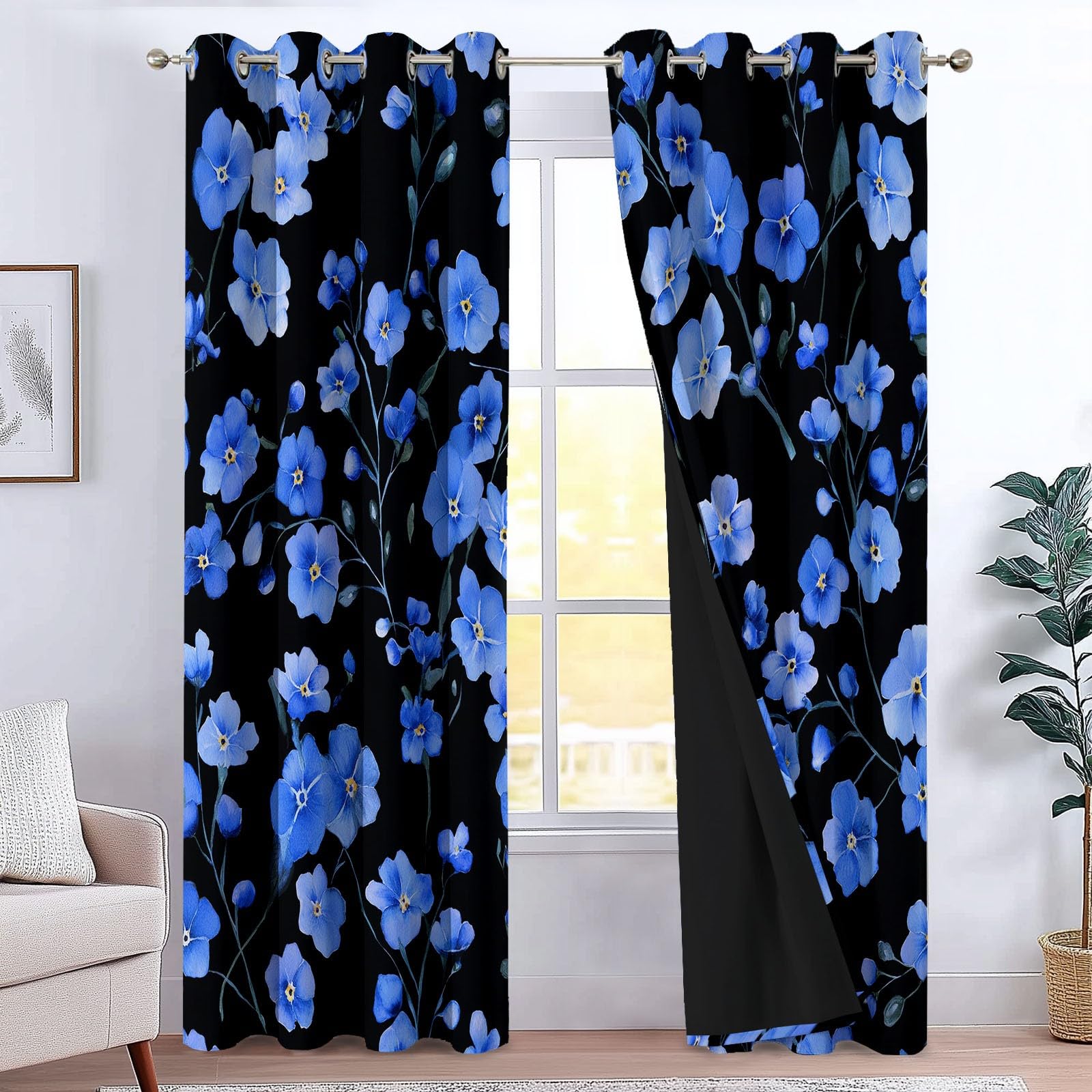 Générique Rideaux Enfants Fleurs Aquarelles Haute Définition 110 X 215 Cm (Lxh) 2 Panneaux, Rideaux À Œillets Occultants À Isolation Thermique pour Décoration Chambre Salon, Bleu