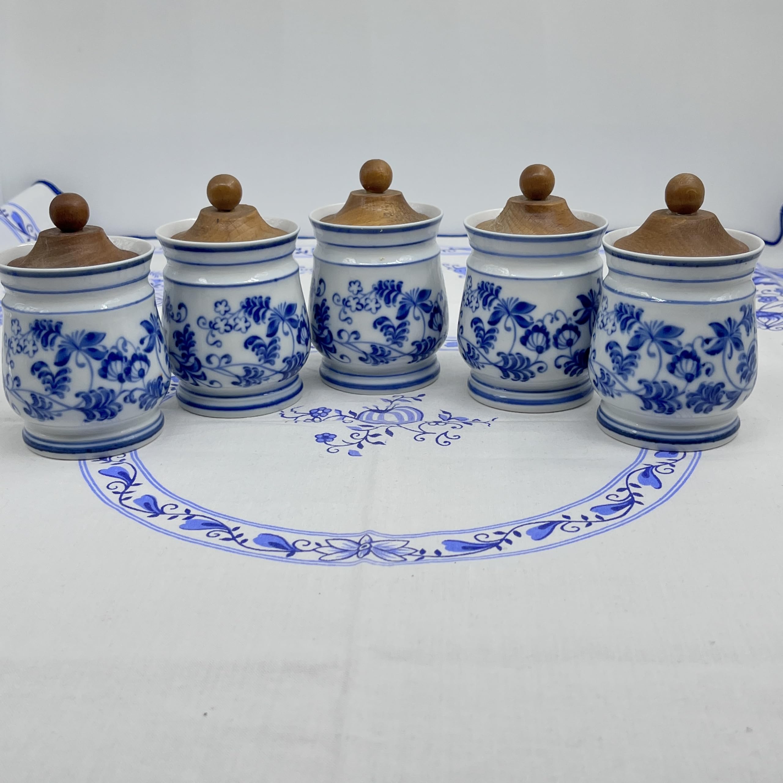 Generisch Antikes Porzellan Gewürzdosen Set 5-teilig Handarbeit Vintage mit Holzdeckel