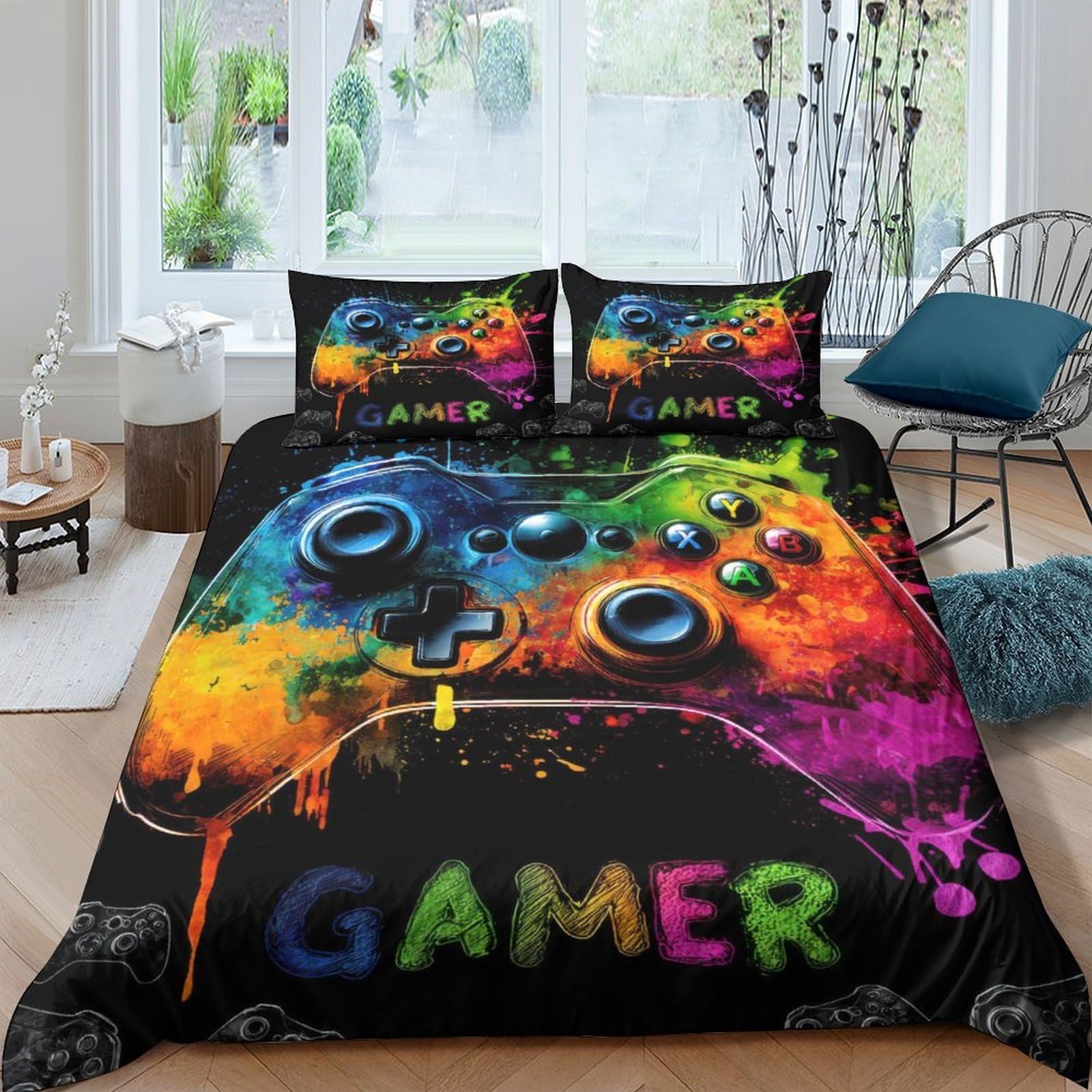 Ctjqhvkz Style-9 3D Printed Graffiti Gamepad Fitted Sheet Microfiber Vibrant Gamer Mattress Cover Bedroom Decor Machine Washable Single（135X200cm）