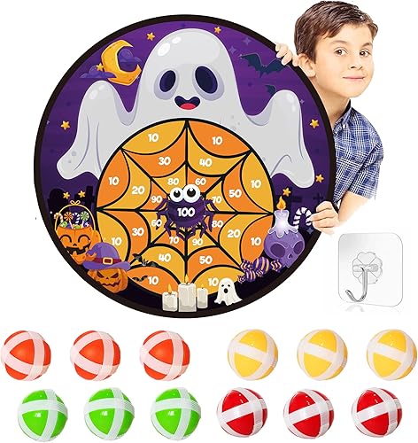VDESFUEBY Tablero de dardos de Halloween Games de 26 pulgadas, tablero de dardos fantasma con 12 bolas adhesivas y ganchos, recuerdos de fiesta de