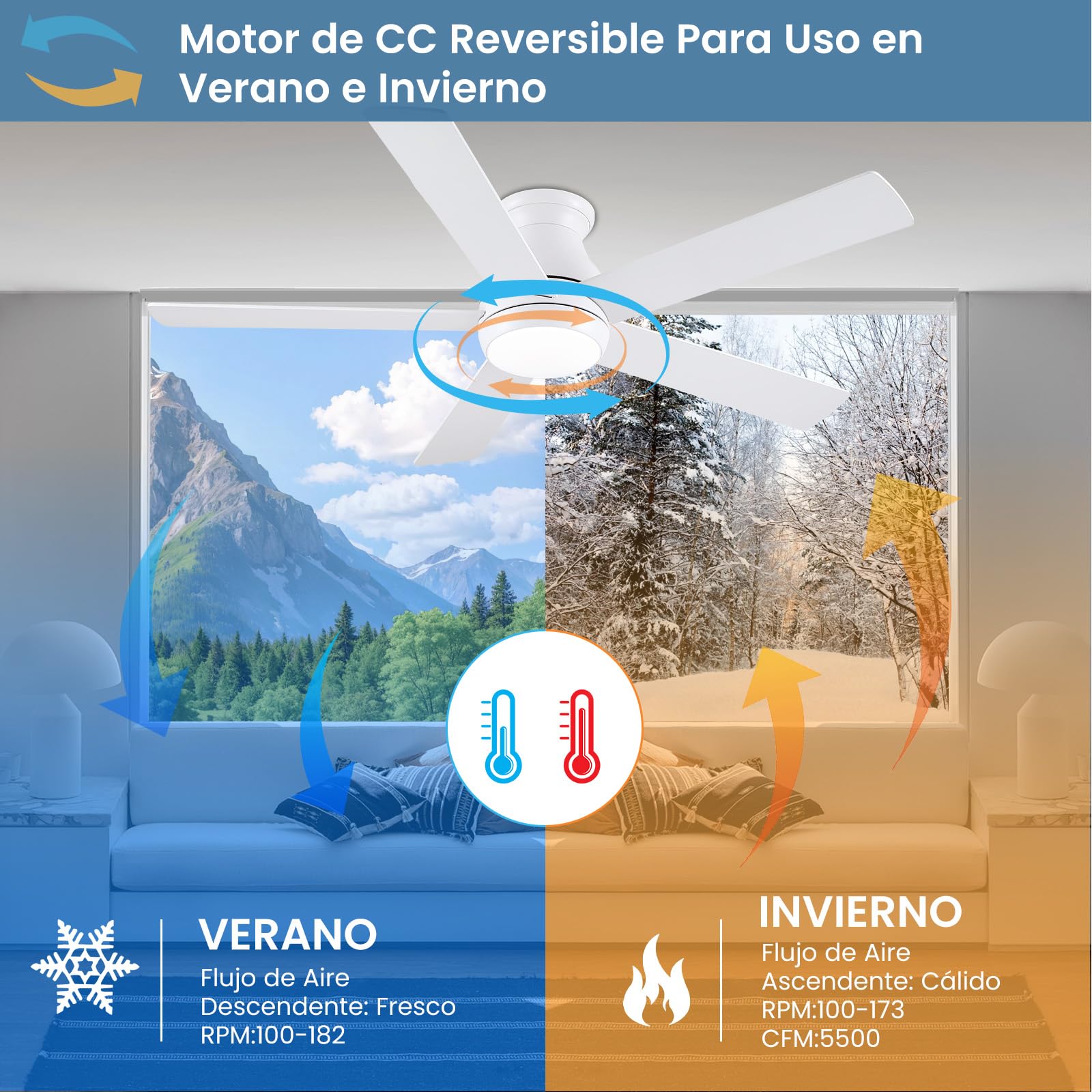 CJOY Ventilador de Techo 132CM, Ventilador de Techo Silencioso Blanco | Madera Ventiladores de Techo con Luz Regulable, 6 Velocidades, 5 Aspas Reversible DC, Para Dormitorio/Salon/Habitación