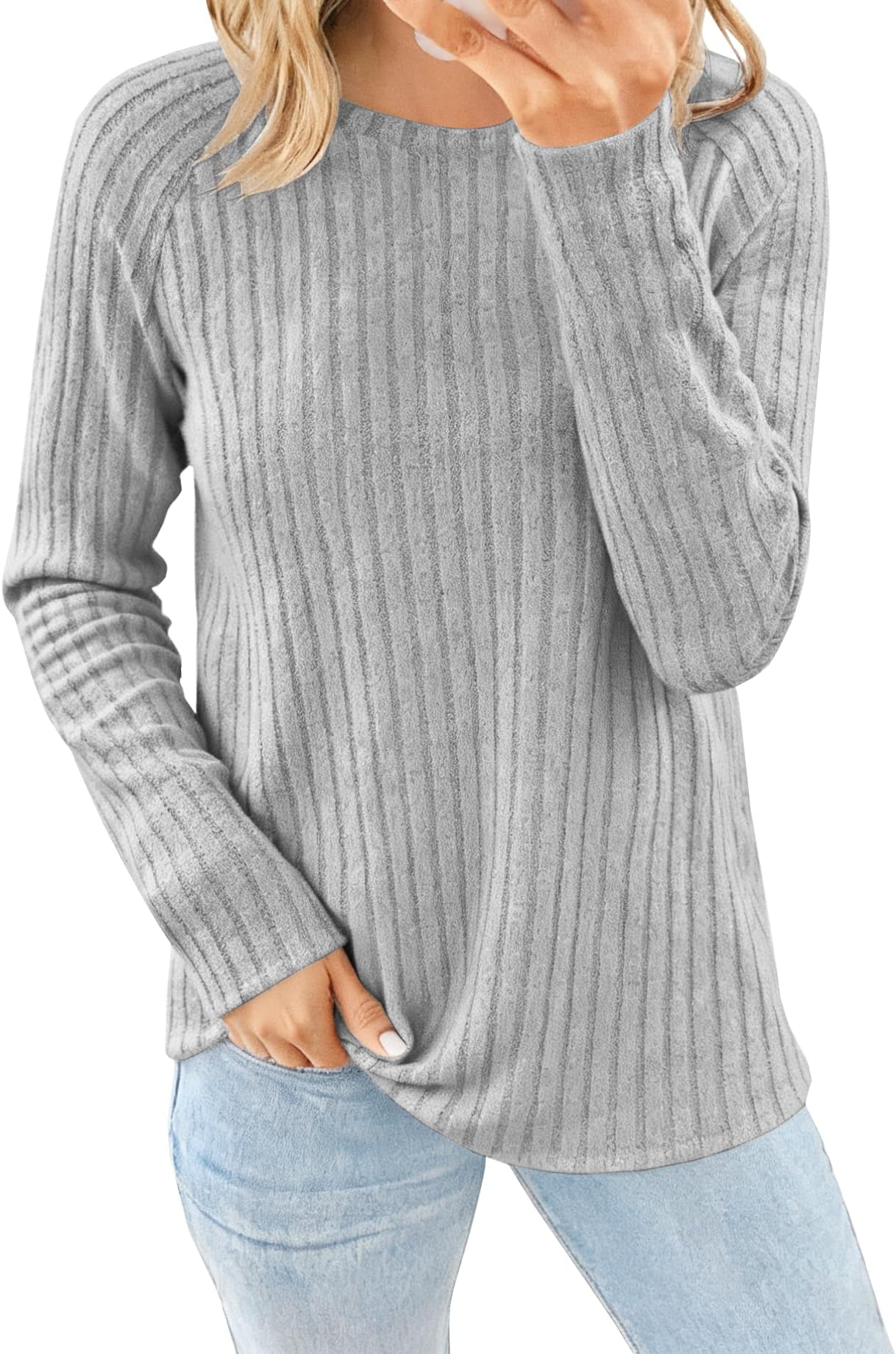 Womens Ribbed Long Sleeve Tops Crewneck Lightweight Sweaters Fall Basic Tunic Shirts