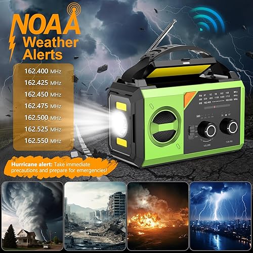 Miniatura 4 de Radio de emergencia con manivela de 20000 mAh, radio meteorológica AMFM NOAA con cargador de teléfono celular de 74000 mWh, radio solar con linterna