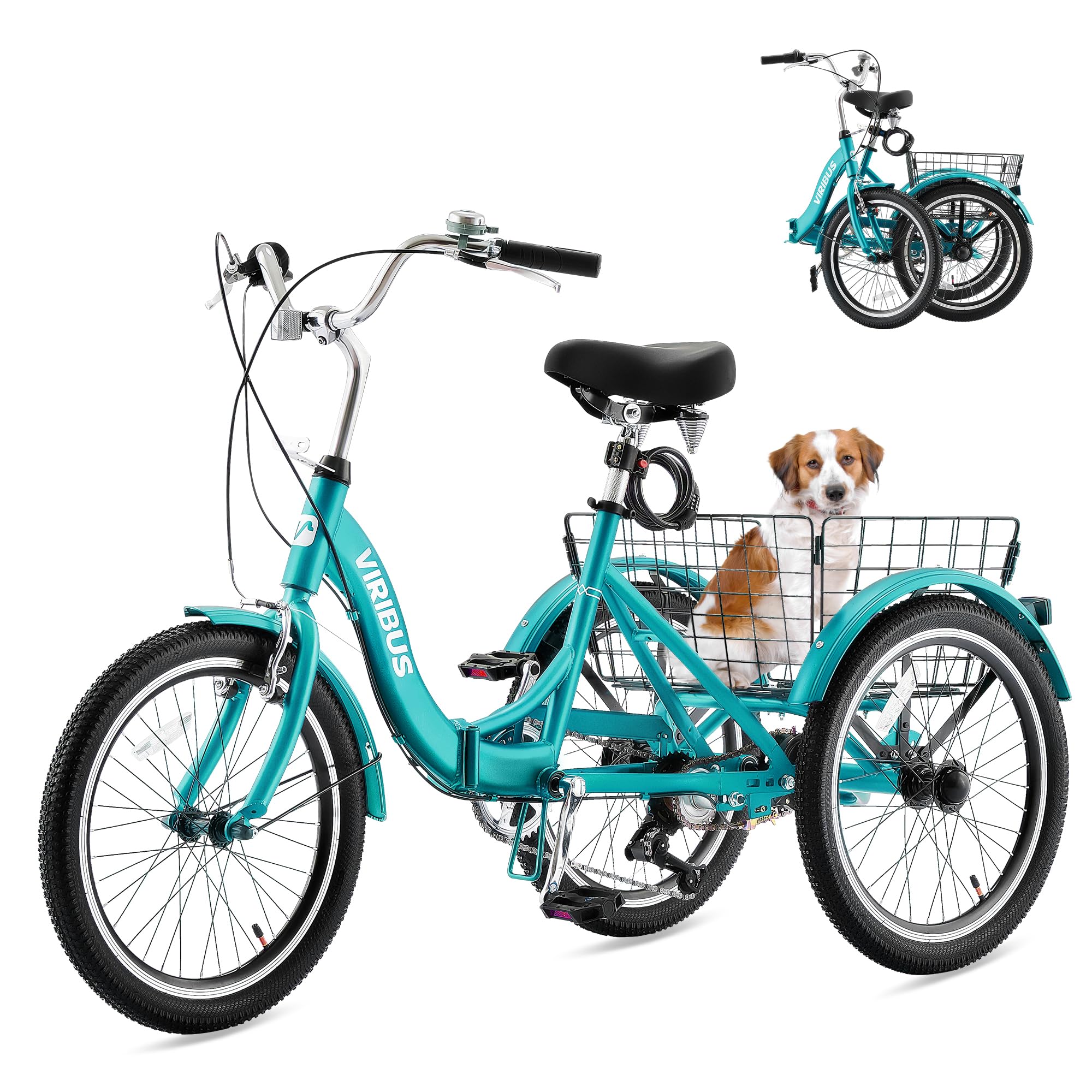 VIRIBUS Folding Tricycle for Adults, 20 inch Foldable Adult Tricycle 1 or 7 Speed Speed with Basket, Folding 3 Wheel Bikes for Adults Senior Women Men