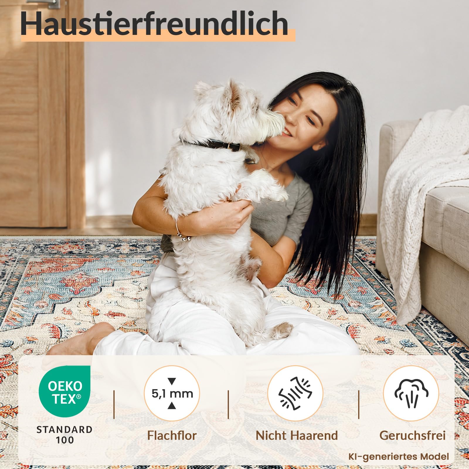 INOVADAY Vintage Waschbarer Teppich Wohnzimmer 90x150 cm Boho Kurzflor rutschfest Teppich Weich Teppiche mit Druckmuster für Schlafzimmer, Esszimmer, Büro Beige/Blau/Orange