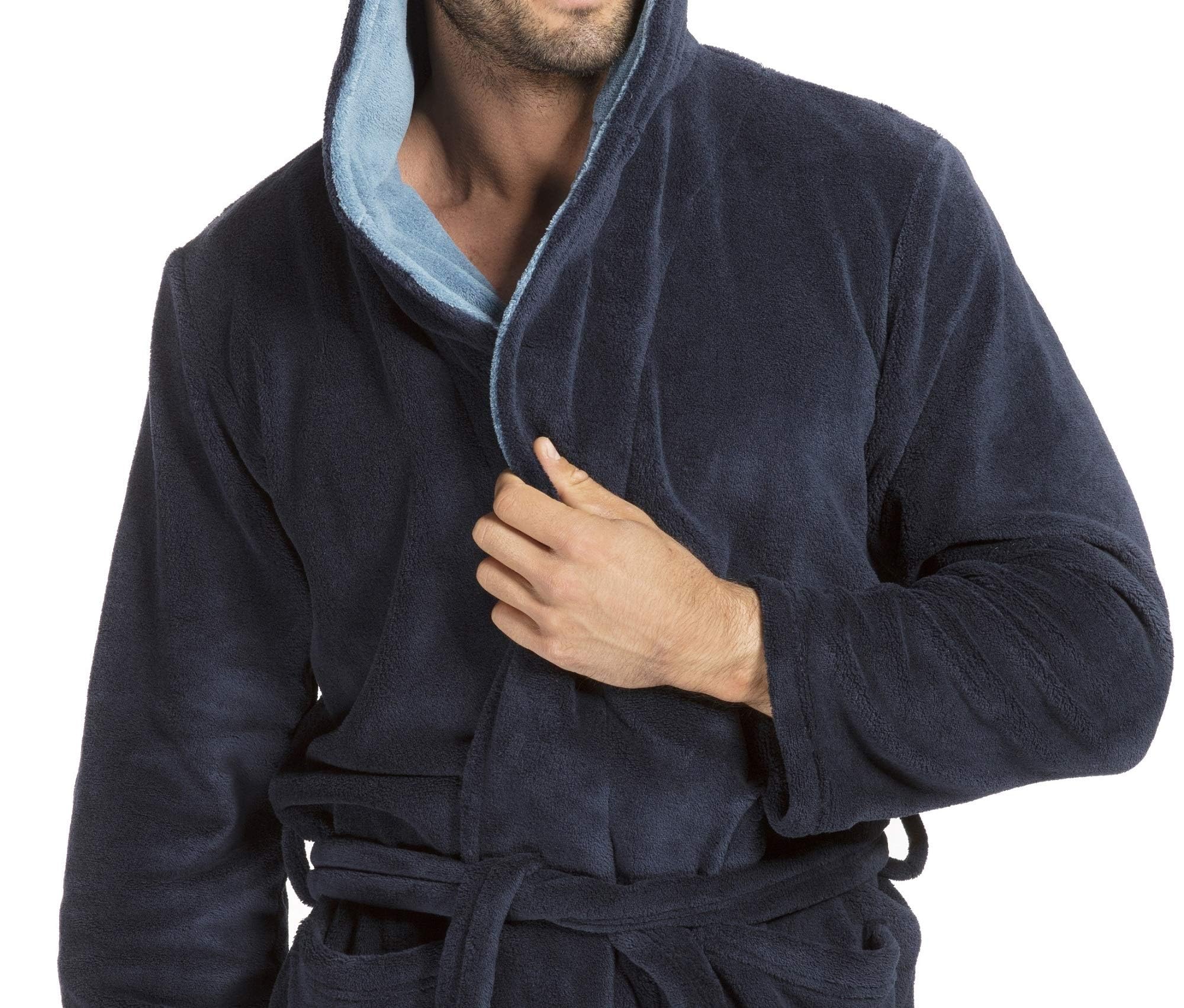 Selente kuscheliger und moderner Herren-Bademantel mit Bindeband, Taschen und Kapuze