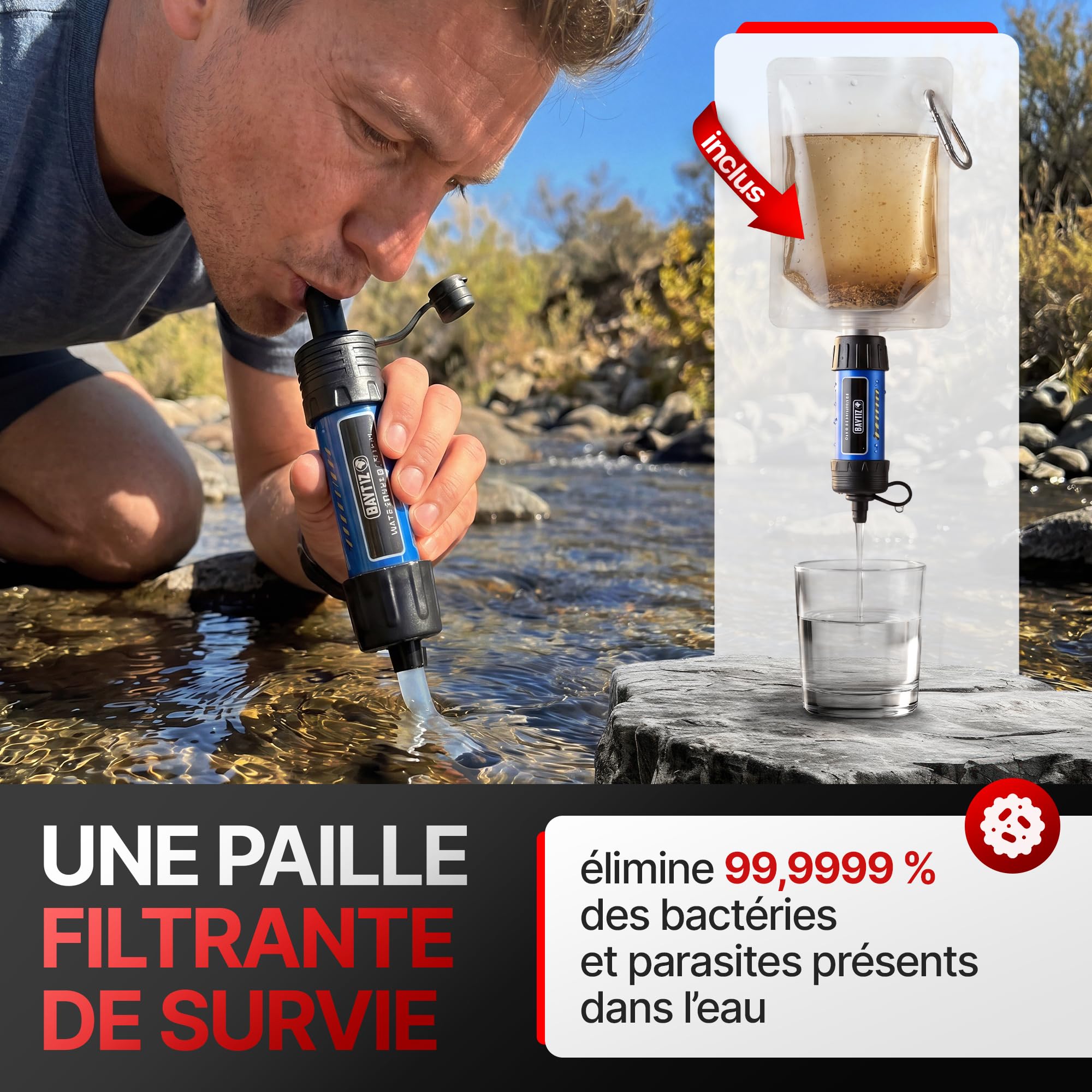 WONCROW ® Zestaw survivalowy + zestaw pierwszej pomocy, słomka z filtrem wody, wyposażenie outdoorowe, akcesoria na kemping, wędrówki, rower, do plecaka, apteczki, gadżety dla mężczyzn i dzieci