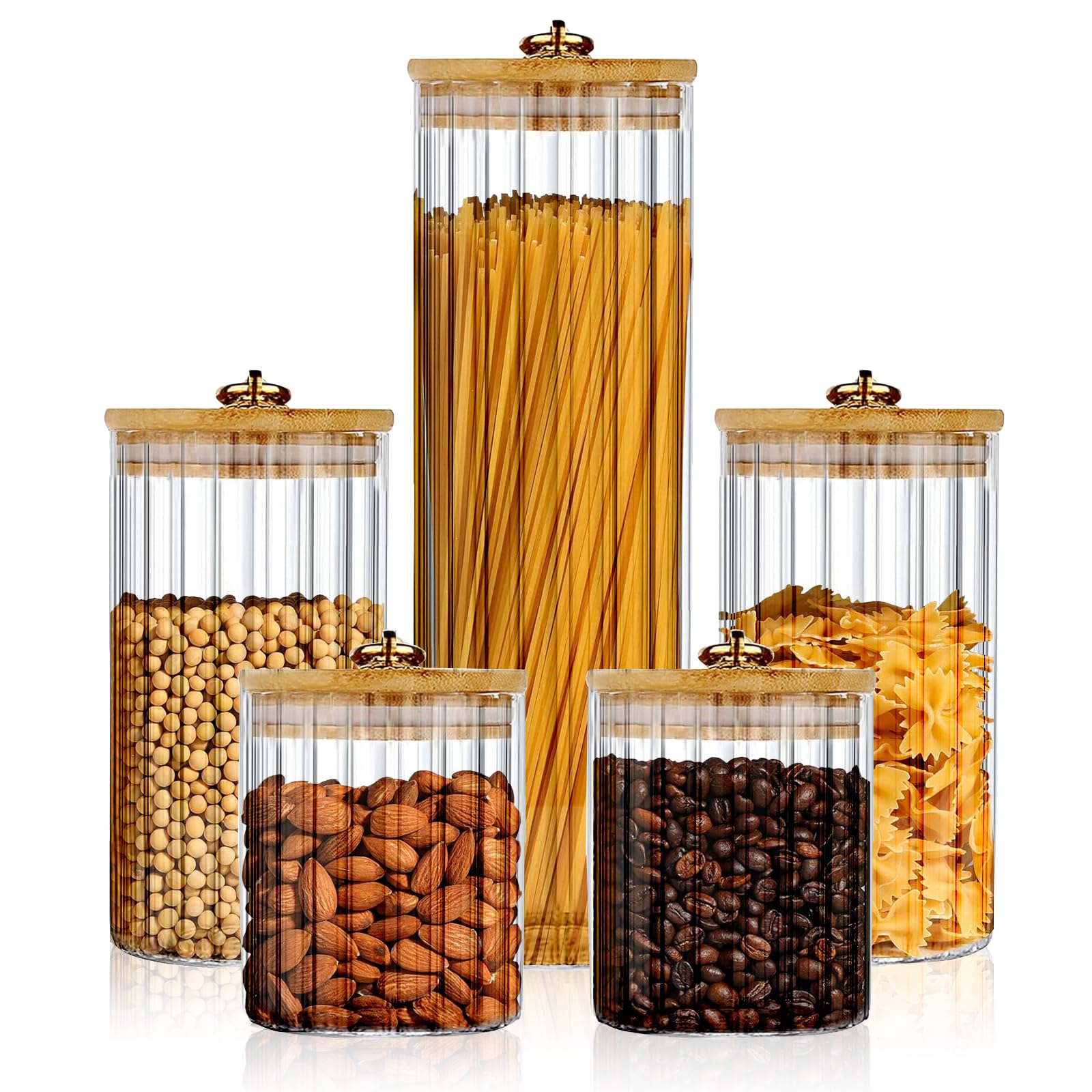 5er Set Vorratsgläser Mit Holzdeckel – Luftdicht, 4,6 L Gesamt, Für Tee, Kaffee, Nudeln & Trockene Lebensmittel