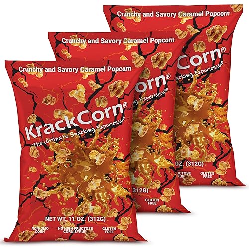 KrackCorn Paquete de 3 unidades crujiente y salado dulce y salado único pequeño lote palomitas de maíz con sabor a caramelo Bolsa de 11 onzas