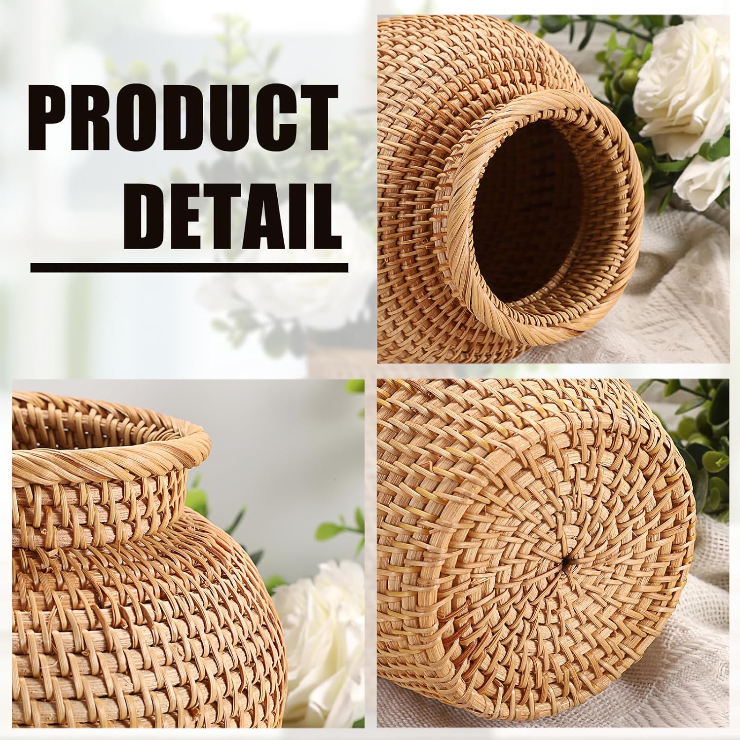 JUXYES Tabletop Woven Rattan Vase for Flowers, Rustic Country Style Rattan Basket Vase, Farmhouse Small Wicker Woven Bouquet Vase Table Centerpiece for Home Decor