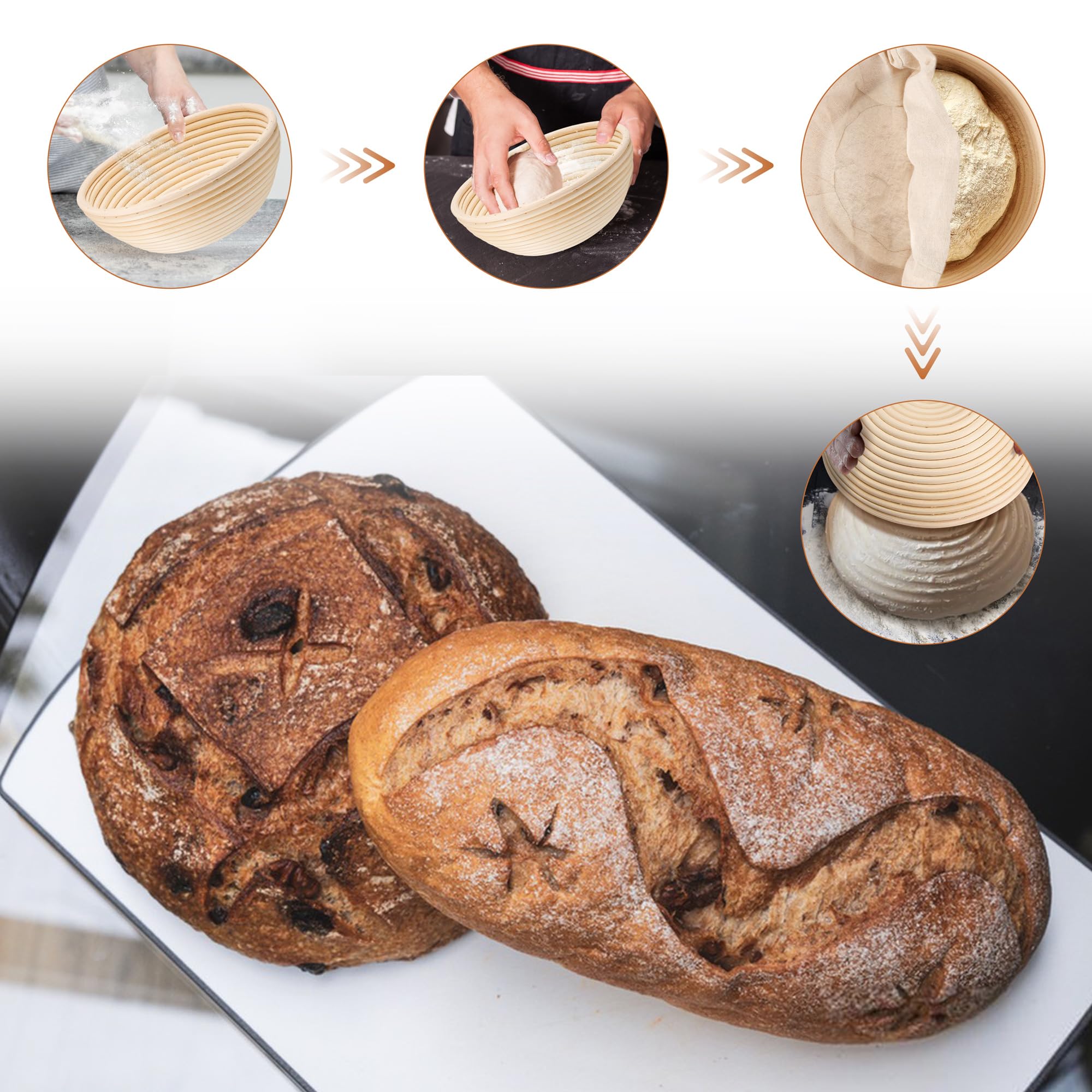 E-far Banneton - Juego de 2 cestas a prueba de pan, cuencos redondos de 9 pulgadas para levantar, suministros para hornear pan de masa madre con forros para hornear en casa y profesional