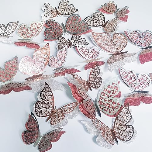 Ewong 24 piezas de decoración de pared de mariposa, 3D de doble capa, decoración de fiesta de mariposa, calcomanías murales extraíbles, calcomanías