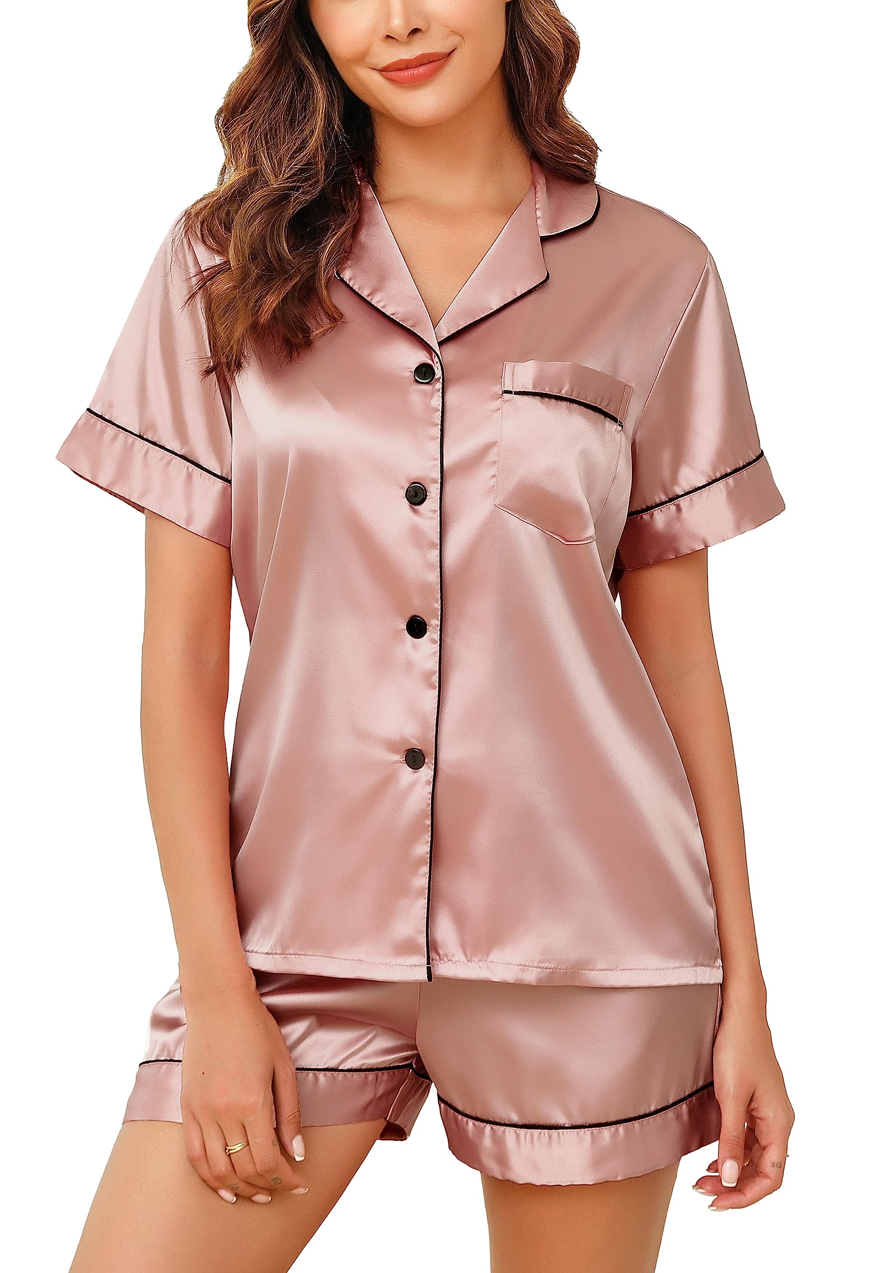 Lovasy Satin Schlafanzug Damen Kurz Kurzarm Pyjamas Set mit Knöpfen Seiden Nachtwäsche V-Ausschnitt Zweiteiliger Pjs Sets Hausanzug