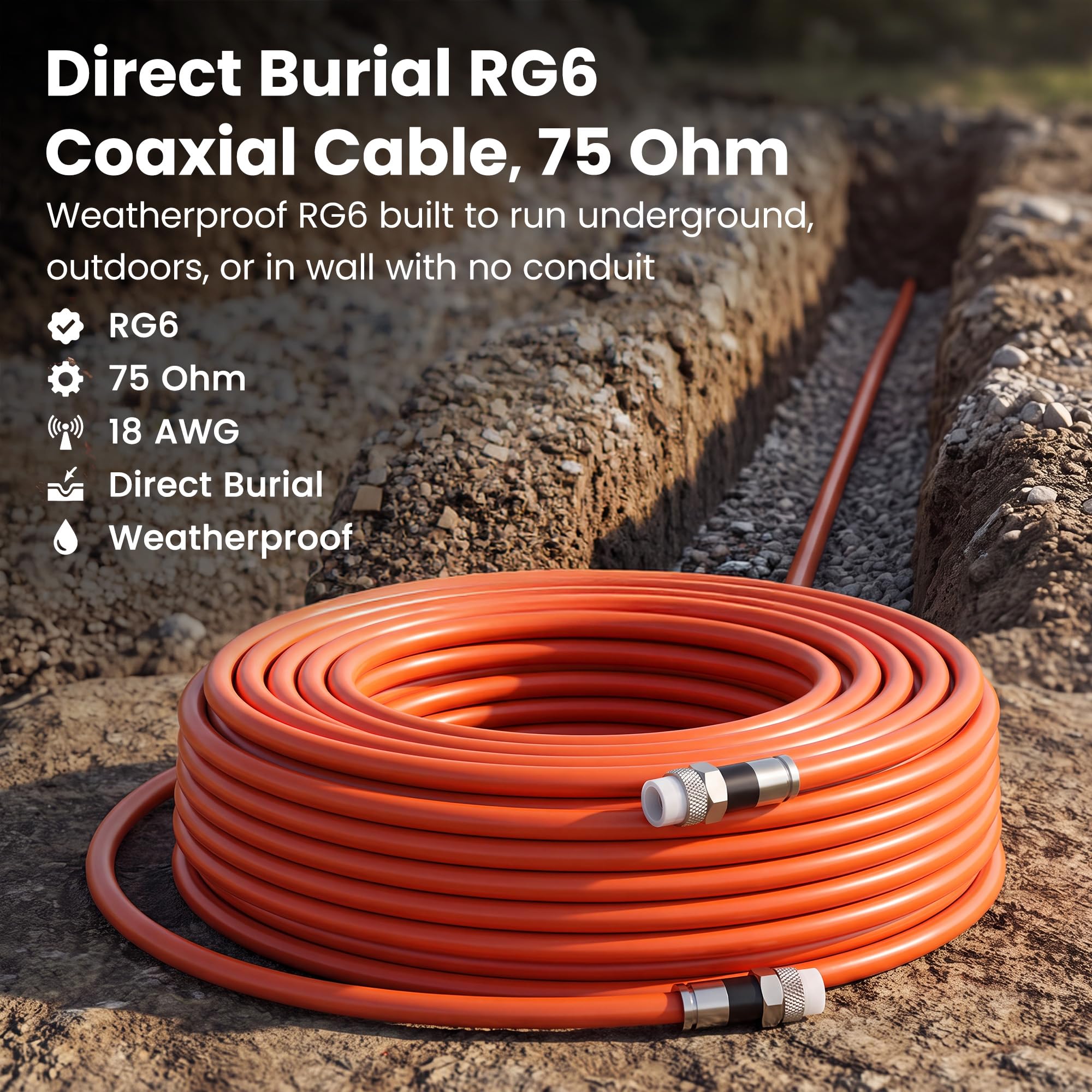 GEARit Cavo coassiale per sepoltura diretta (45,7 m) RG6 70 Ohm RF stivale in gomma impermeabile sotterraneo da parete con avvio in gomma, Internet ad alta velocità, banda larga, antenna TV digitale