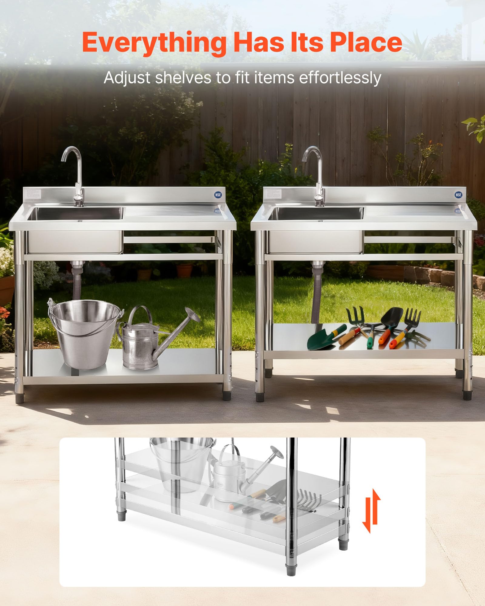 VEVOR Fregadero de Cocina Utilitario de Acero Inoxidable, con Cubeta Izquierda, Incluye Grifo y Tuberías para Agua Fría y Caliente, para Garaje, Restaurante, Lavandería, 100 x 50 x 94 cm, Plata