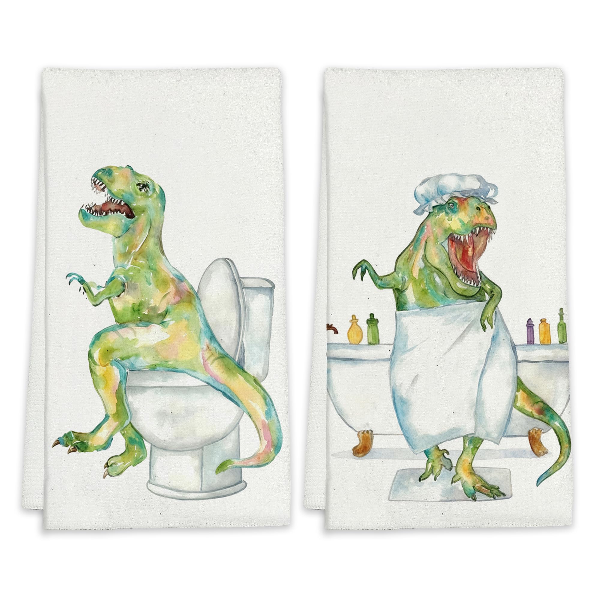 LUOENY Funny Dinosaur Tea Towels for Drying Dishes, Absorbent Decorative Kitchen Towel, Cleaning Cloth for Kitchen Baking Bar Bathroom Decoration (45x60 cm Set of 2)