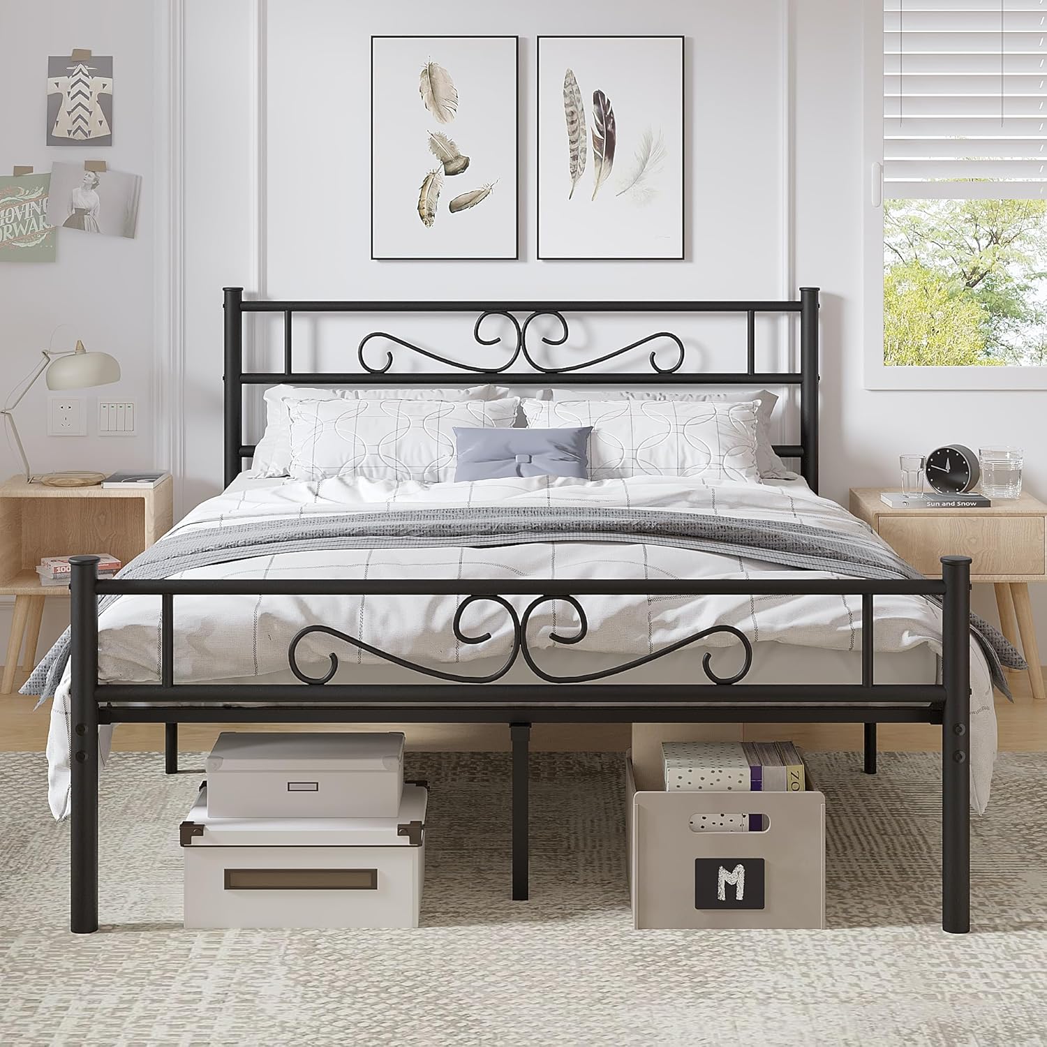 VECELO Queen Size Bed Frame with Headboard, Heavy-Duty Platform with Metal Slats Support, No Box Spring Needed/Easy Assembly, Classic Black Classic Black Queen