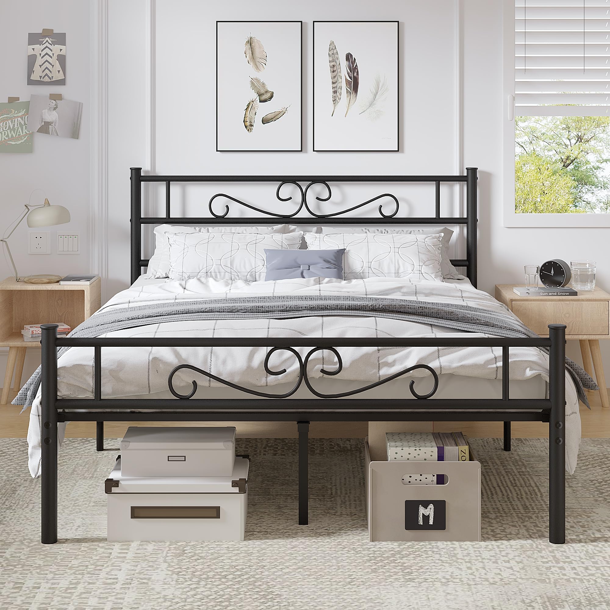 VECELO Full Size Bed Frame with Headboard, Heavy-Duty Platform with Metal Slats Support, No Box Spring Needed/Easy Assembly, Classic Black