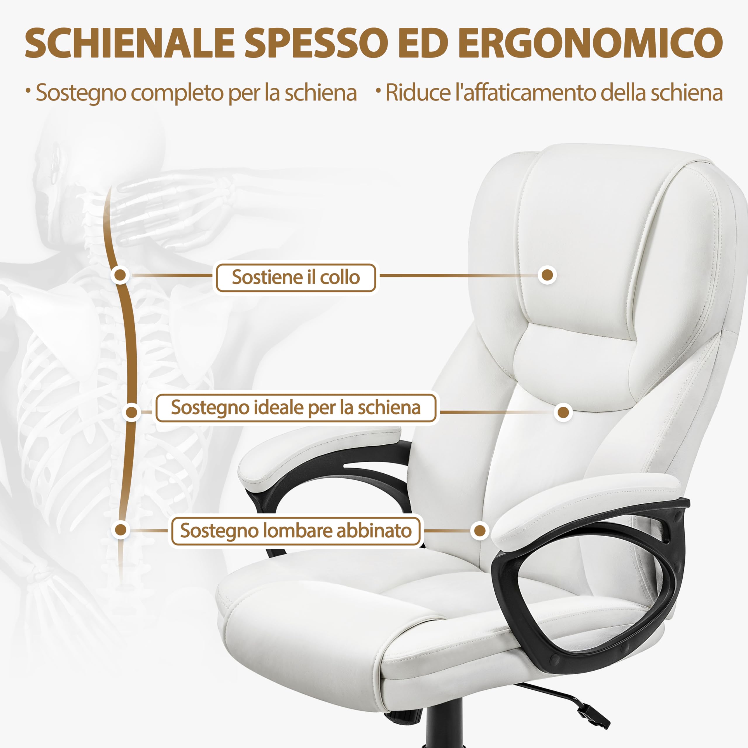 Yaheetech Poltrona Ufficio Ergonomica Presidenziale in Finta Pelle Bianca Imbottita Sedia da Scrivania a Rotelle Girevole Reclinabile a Dondolo Altezza Regolbile