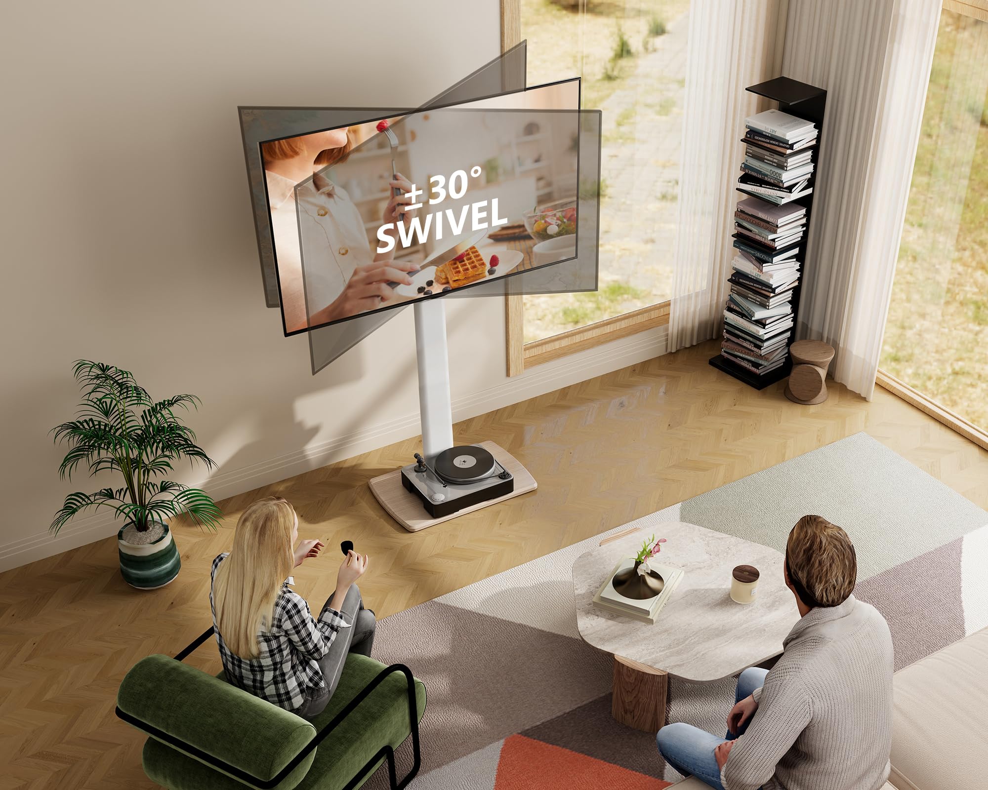 FITUEYES Supporto TV da Pavimento per 32-70 Pollici, 60° Girevole & 6 Altezza Porta TV da Terra con Legno Base, Supporto TV da Terra Max VESA 600x400mm 40kg (Bianco)