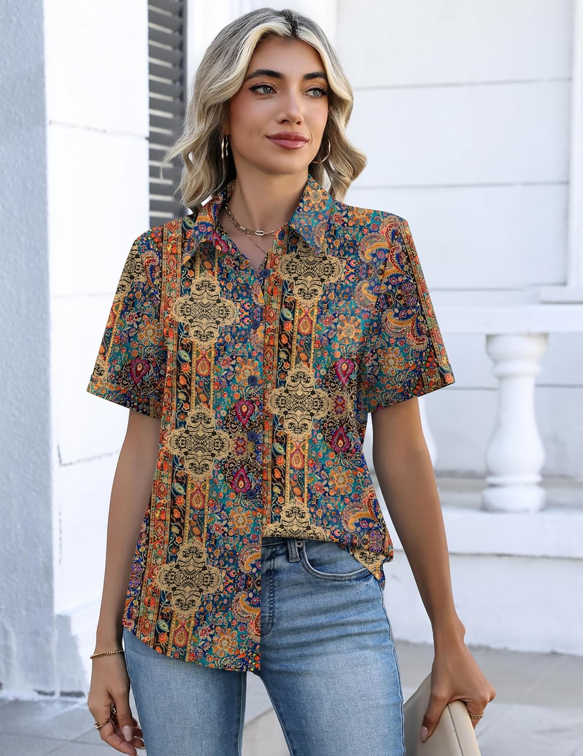 Zeagoo Button Down Shirts for Women Short Sleeve Collared Tops Dressy Casual V Neck Blouses - Image 4