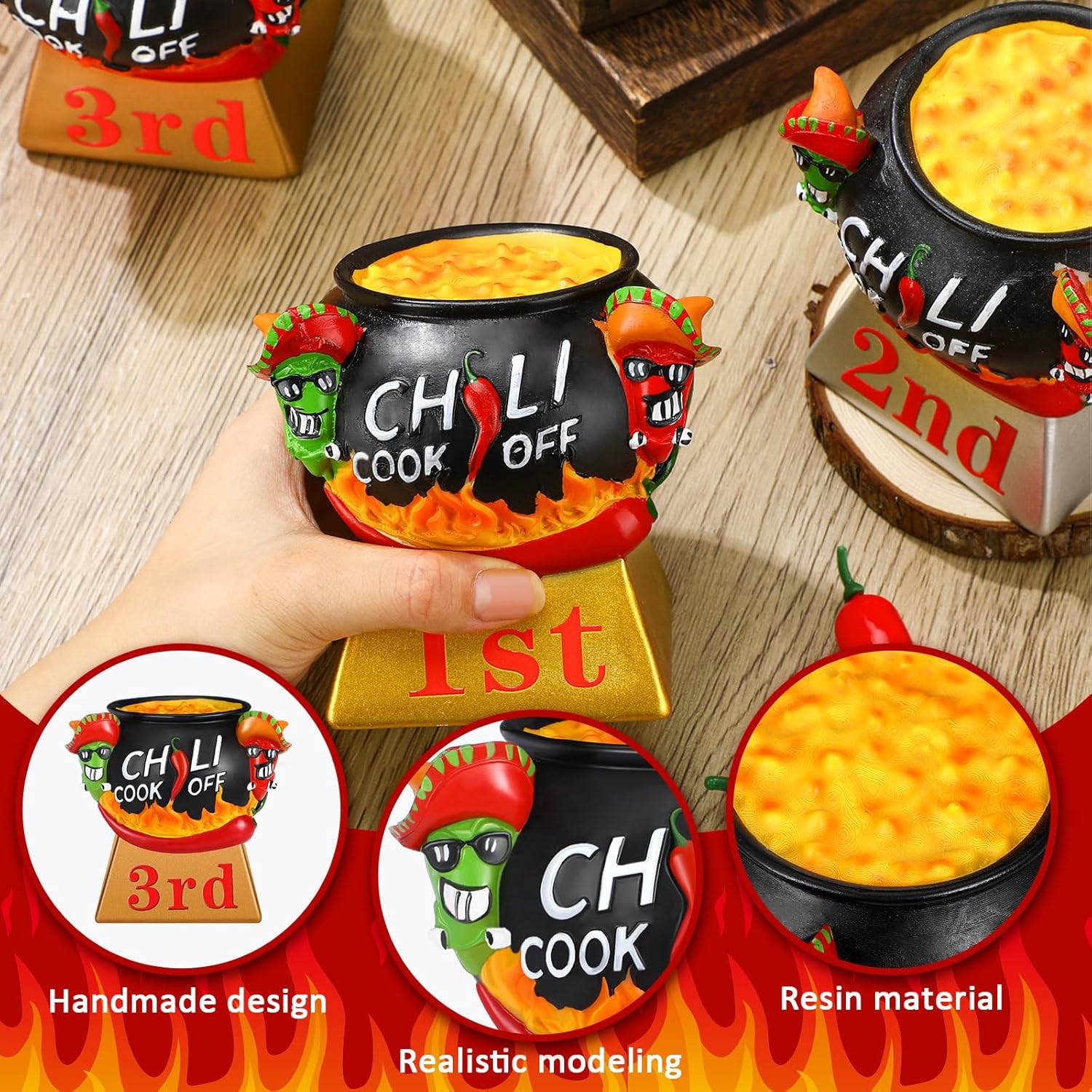 3 Pcs Chili Cook off Trophies Chili Cook off Prizes 1st 2nd 3rd Place Medals 4" Cooking Competition Trophy Awards Pepper Salsa Trophy with Base for Cooking Events Party Decorations Supplies Gifts